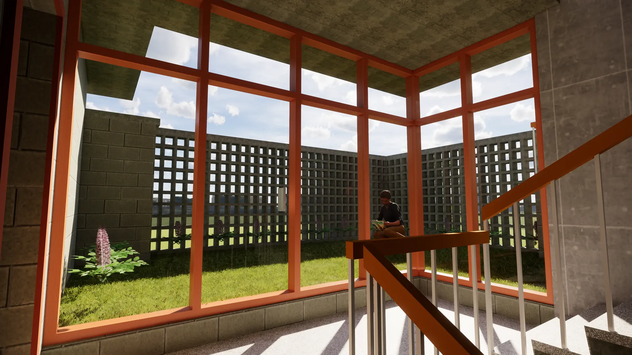 Stair landing at the jali screen: full-height pierced concrete block wall filtering afternoon light in a grid of shadow squares, glazed frames beyond framing the courtyard, figure seated on steps below