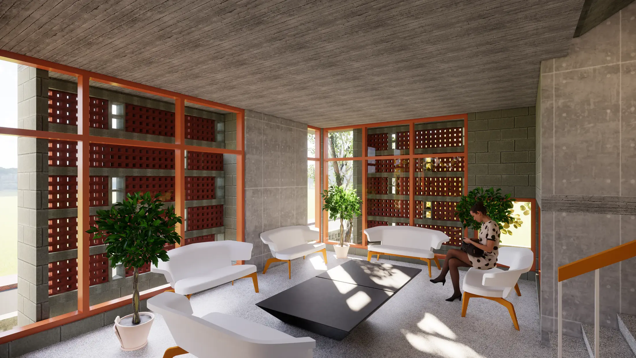 Formal living room: double-height jali brick screens wrapping two walls, sofa group and armchairs arranged around a low table, potted trees at the corners, warm afternoon light filtering through the perforations