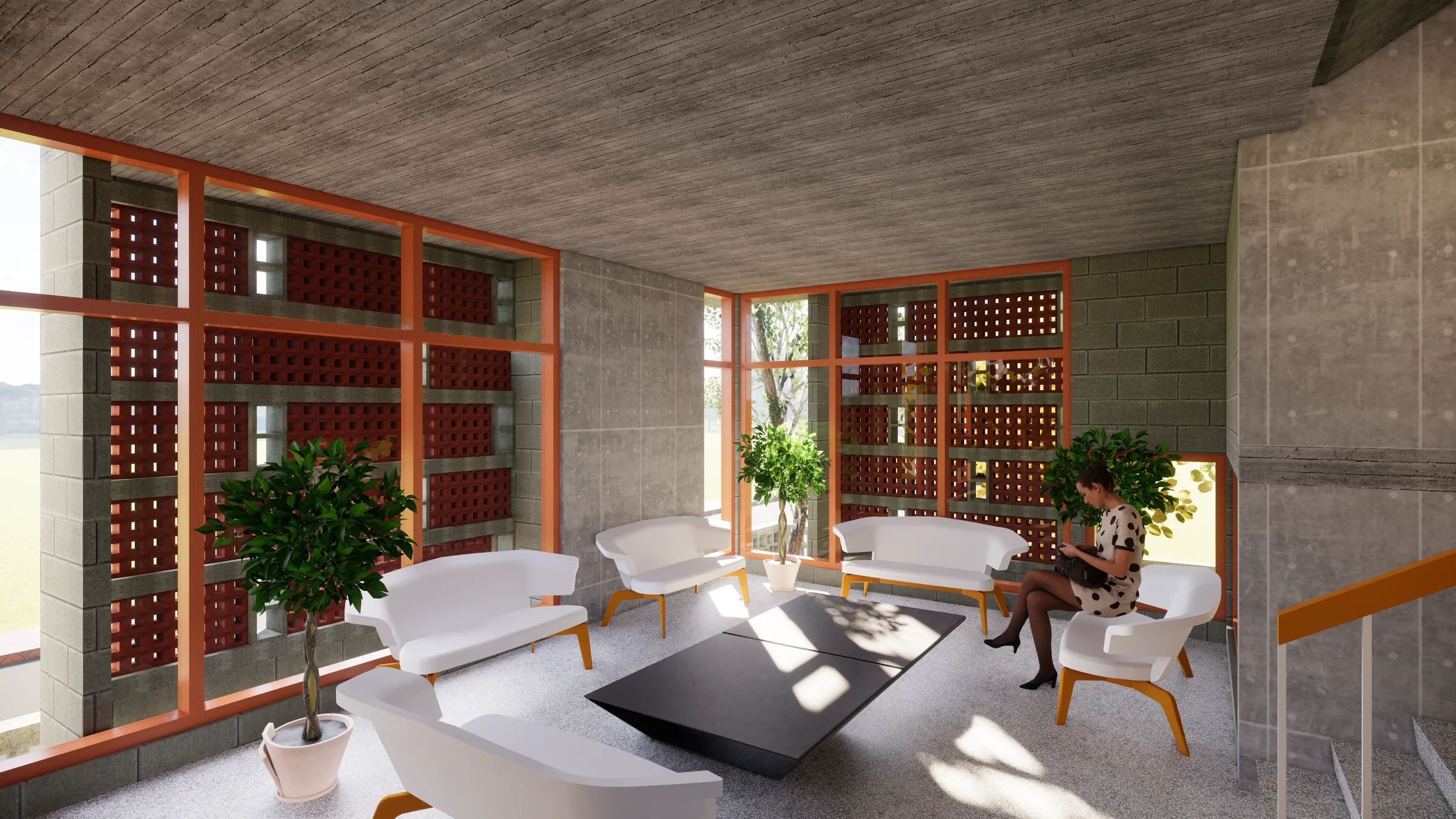 Formal living room: double-height jali brick screens wrapping two walls, sofa group and armchairs arranged around a low table, potted trees at the corners, warm afternoon light filtering through the perforations
