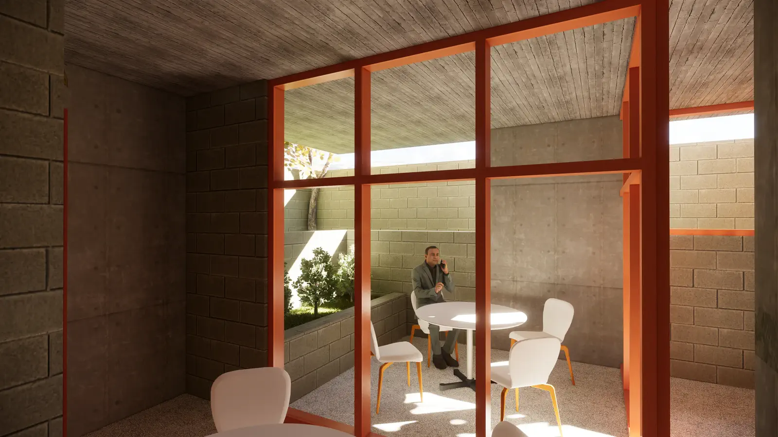 Office dining space: two round tables visible through full-height glazed partitions, a figure in conversation, jali brick wall closing the far corner, concrete ceiling above