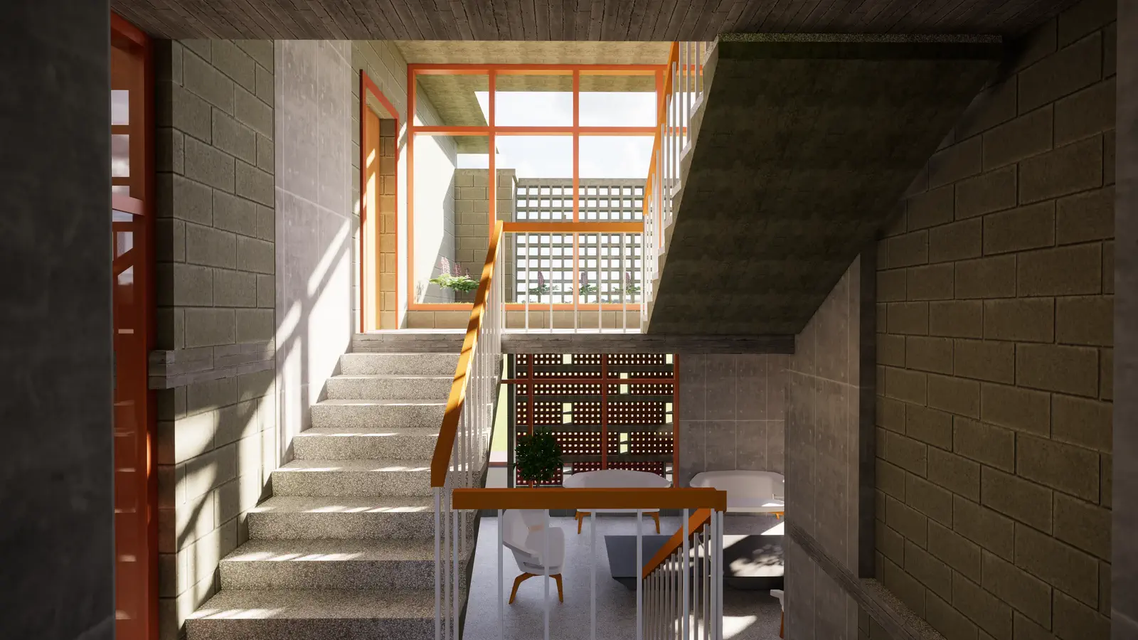 Dining room off the stair: table and chairs at the lower level, stair rising at the left with jali screen beyond, orange door frame marking the kitchen entry, afternoon light from above