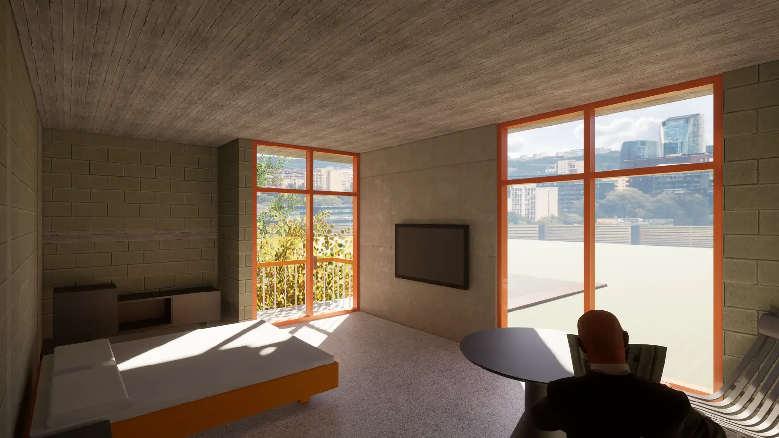 Upper-floor bedroom: corner condition with two large orange-framed windows, bed and reading chair, flat-screen on the wall, city skyline visible through glazing, afternoon light