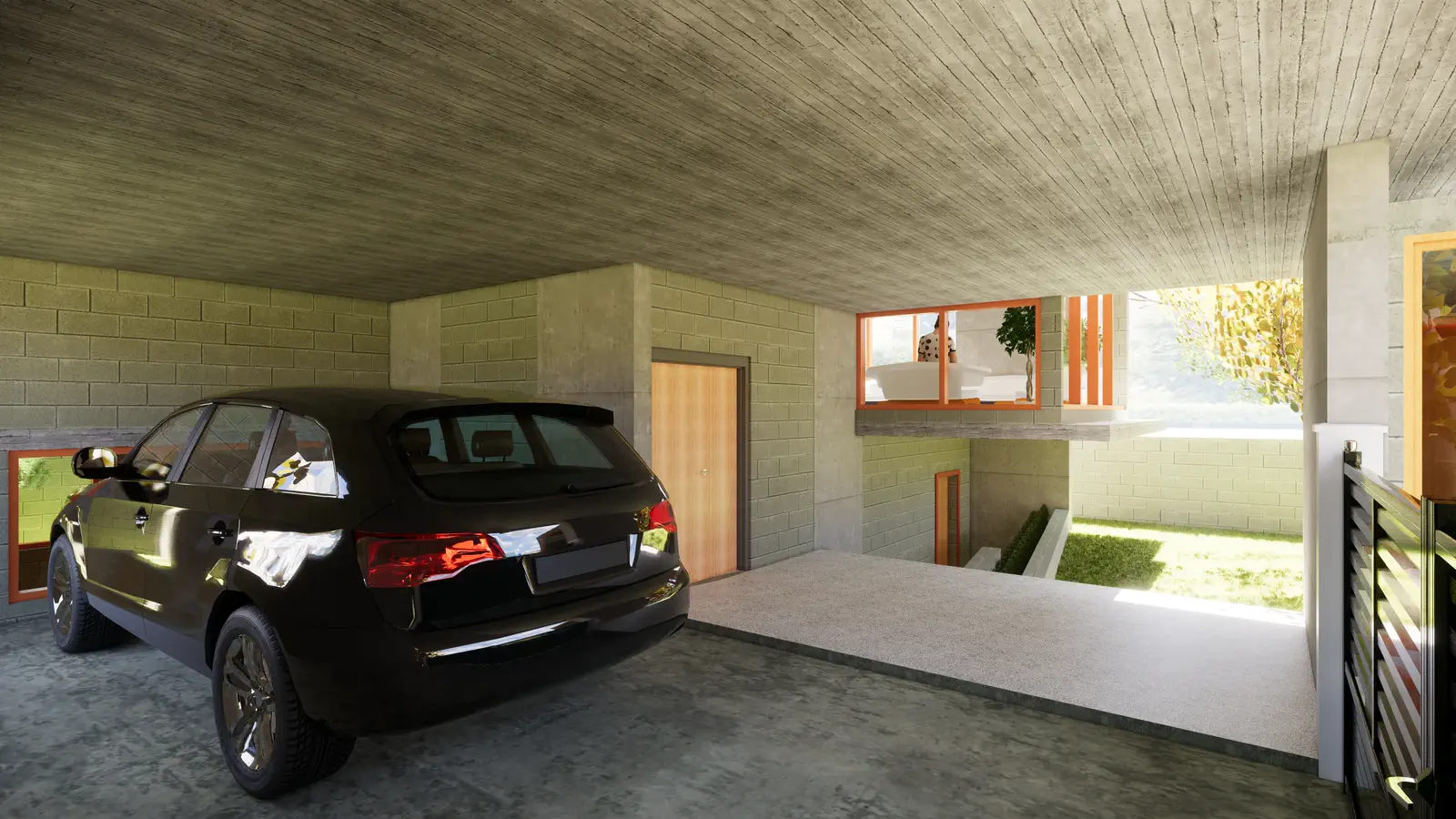 Semi-basement car park: black SUV parked under exposed concrete soffit, light shaft falling through the upper court to the right, orange-framed mezzanine opening above, garden glimpsed beyond