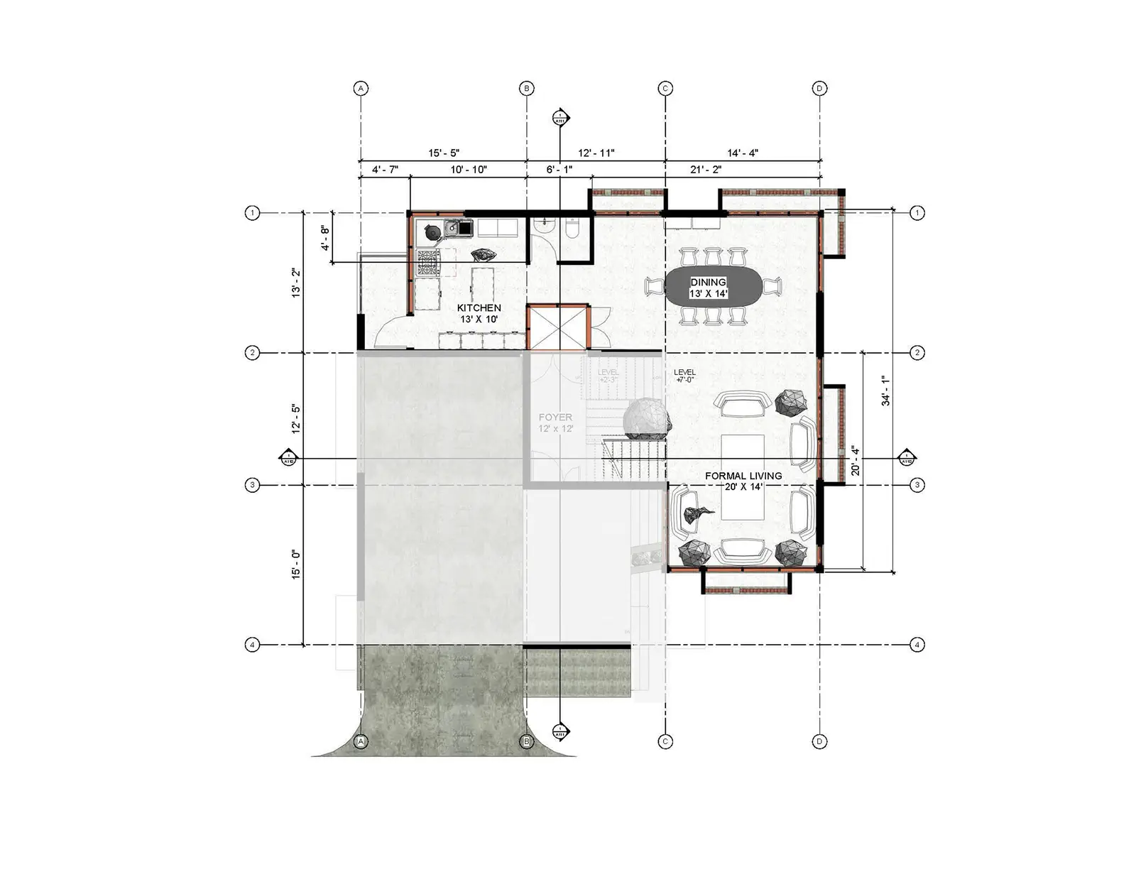 1st floor layout: kitchen 12×10, dining, formal living 20×14, foyer, and stair core