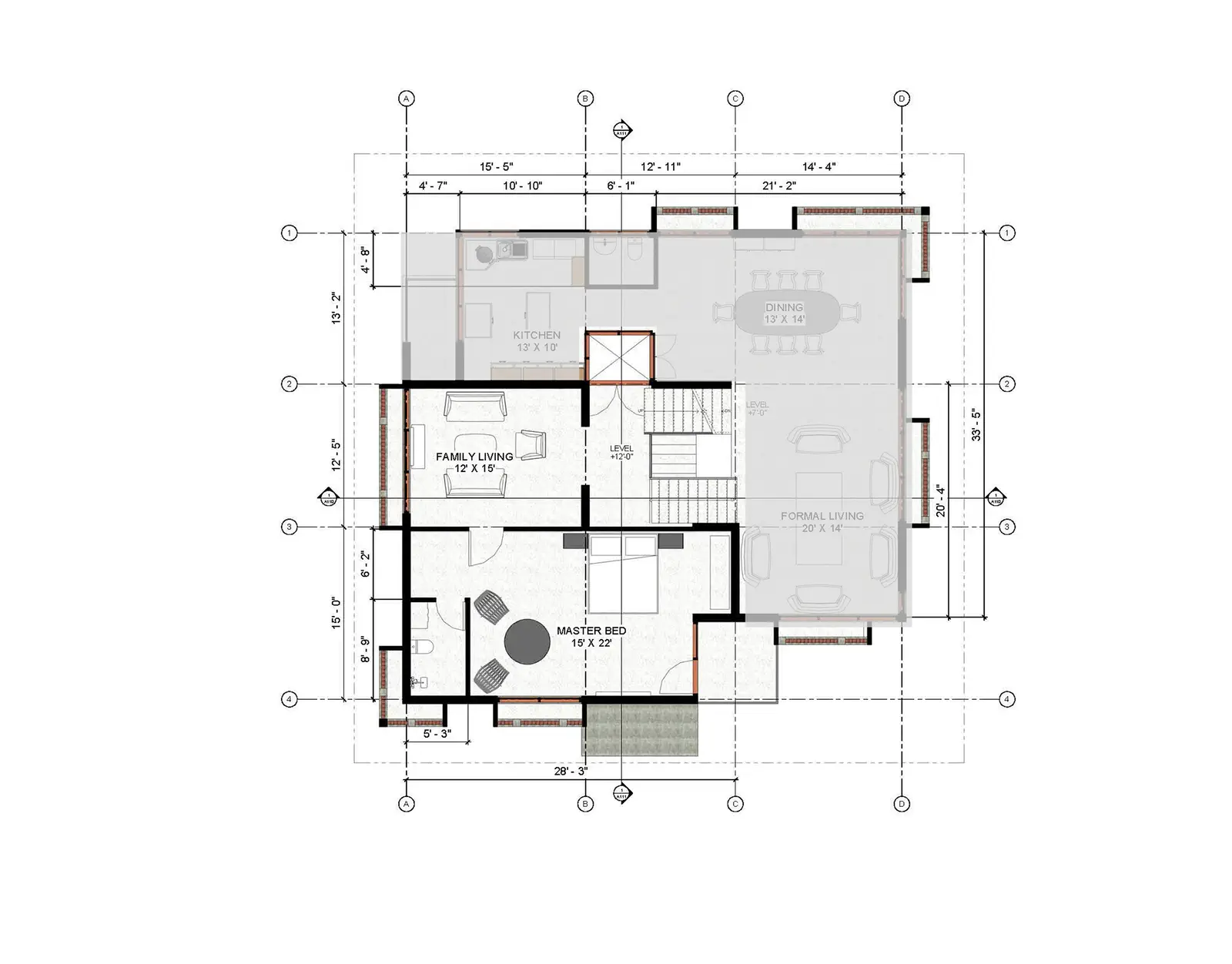 2nd floor layout: bedroom arrangement with family living and service core