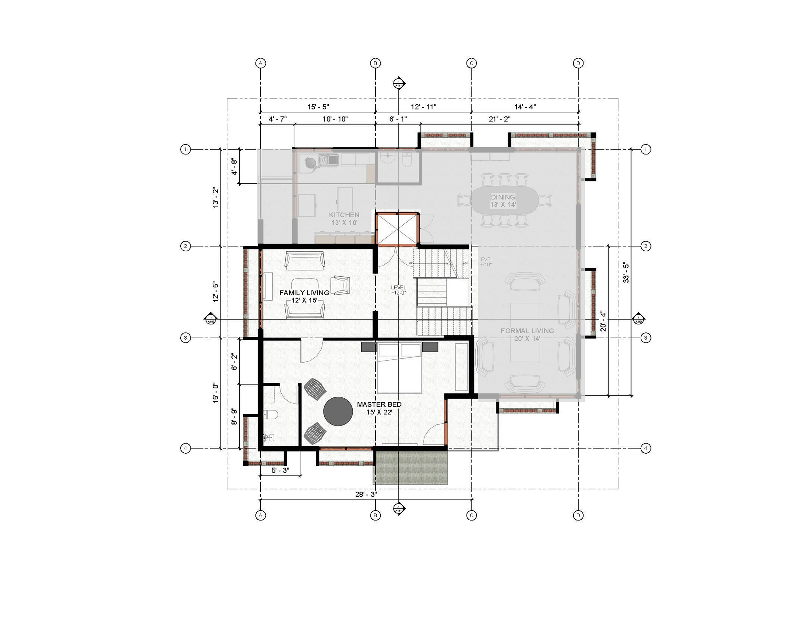 2nd floor layout: bedroom arrangement with family living and service core