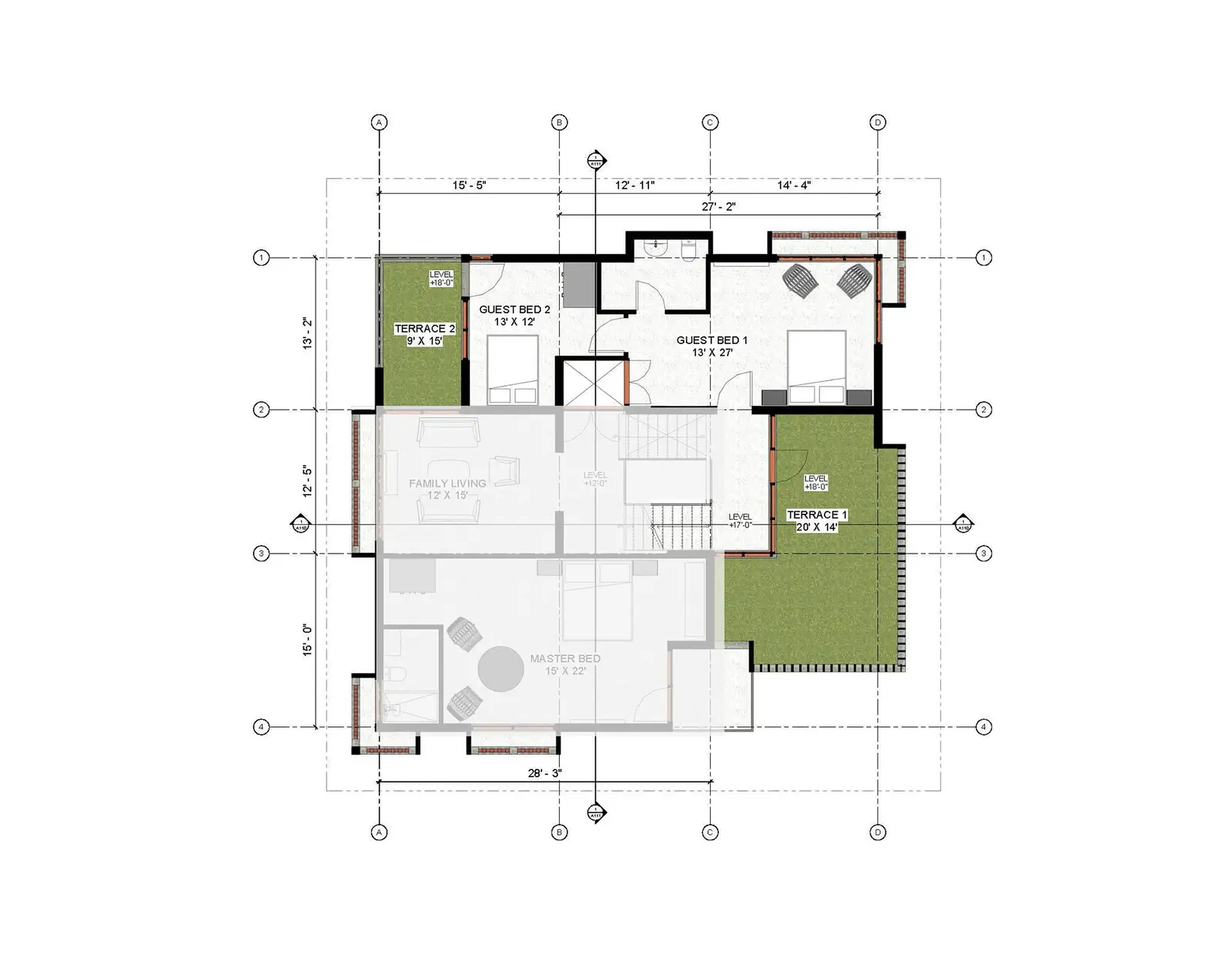 3rd floor layout: master bedroom 16×22, guest bedroom 1, guest bedroom 2 12×12, family living 13×18, terrace 1 and terrace 2
