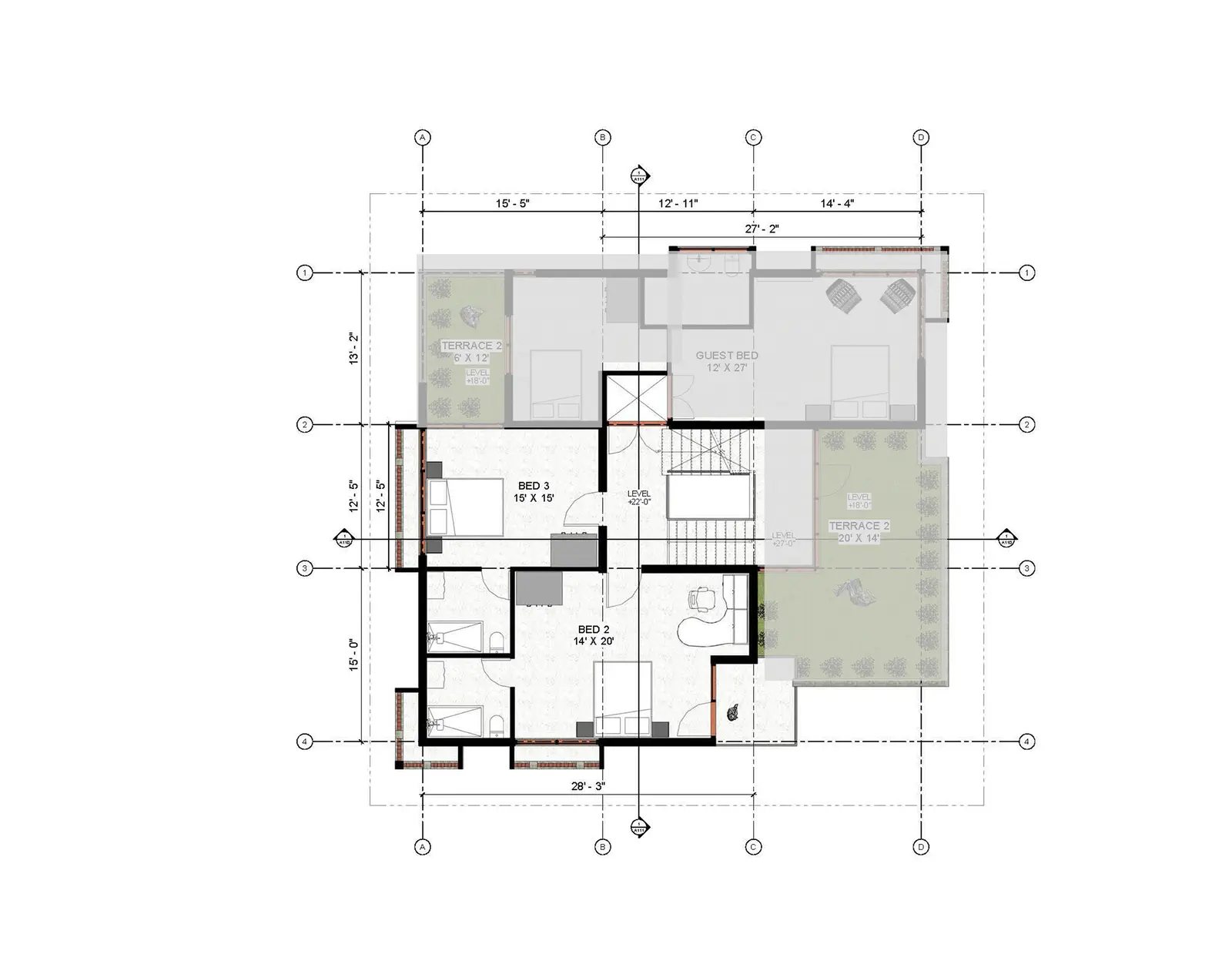 4th floor layout: bedroom arrangement, terrace, and service spaces