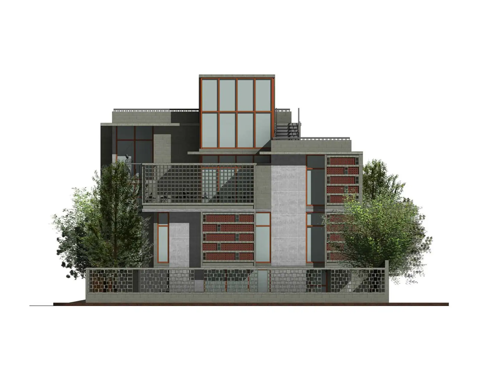 East elevation: side facade showing the full height of the building, concrete block base, brick jali mid-section, and glazed top level
