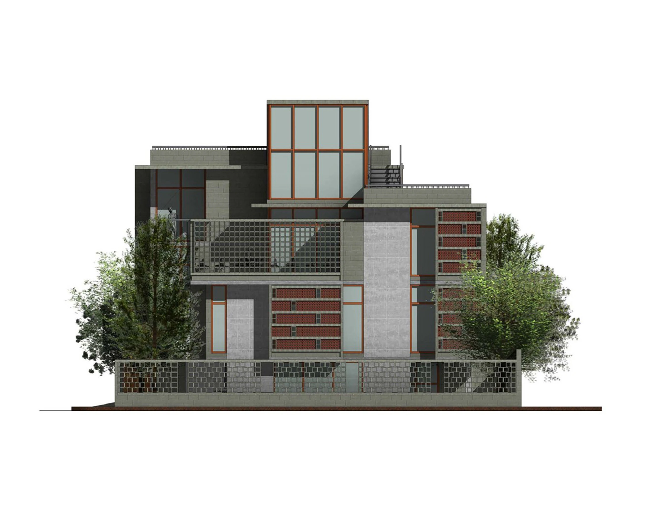 East elevation: side facade showing the full height of the building, concrete block base, brick jali mid-section, and glazed top level