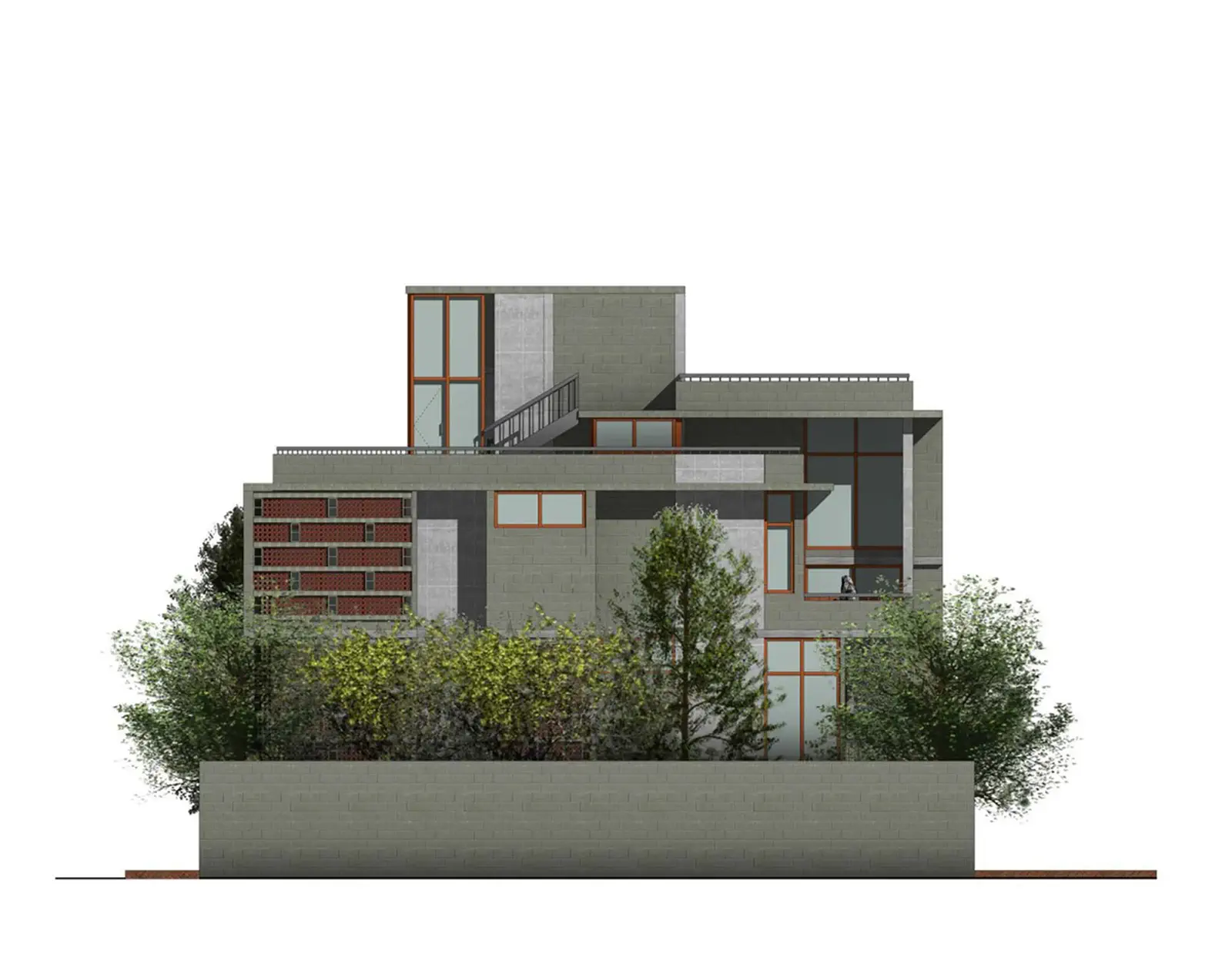 North elevation: rear facade with service entries, stair hall window, and planted courtyard visible at ground level