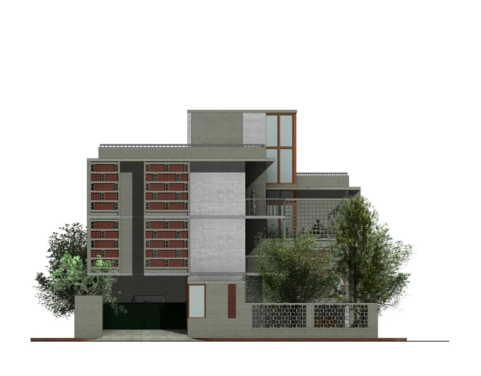 South elevation: street-facing facade showing gate, driveway opening, jali brick panels, orange frame rhythm, and the stepped upper levels with rooftop pavilion