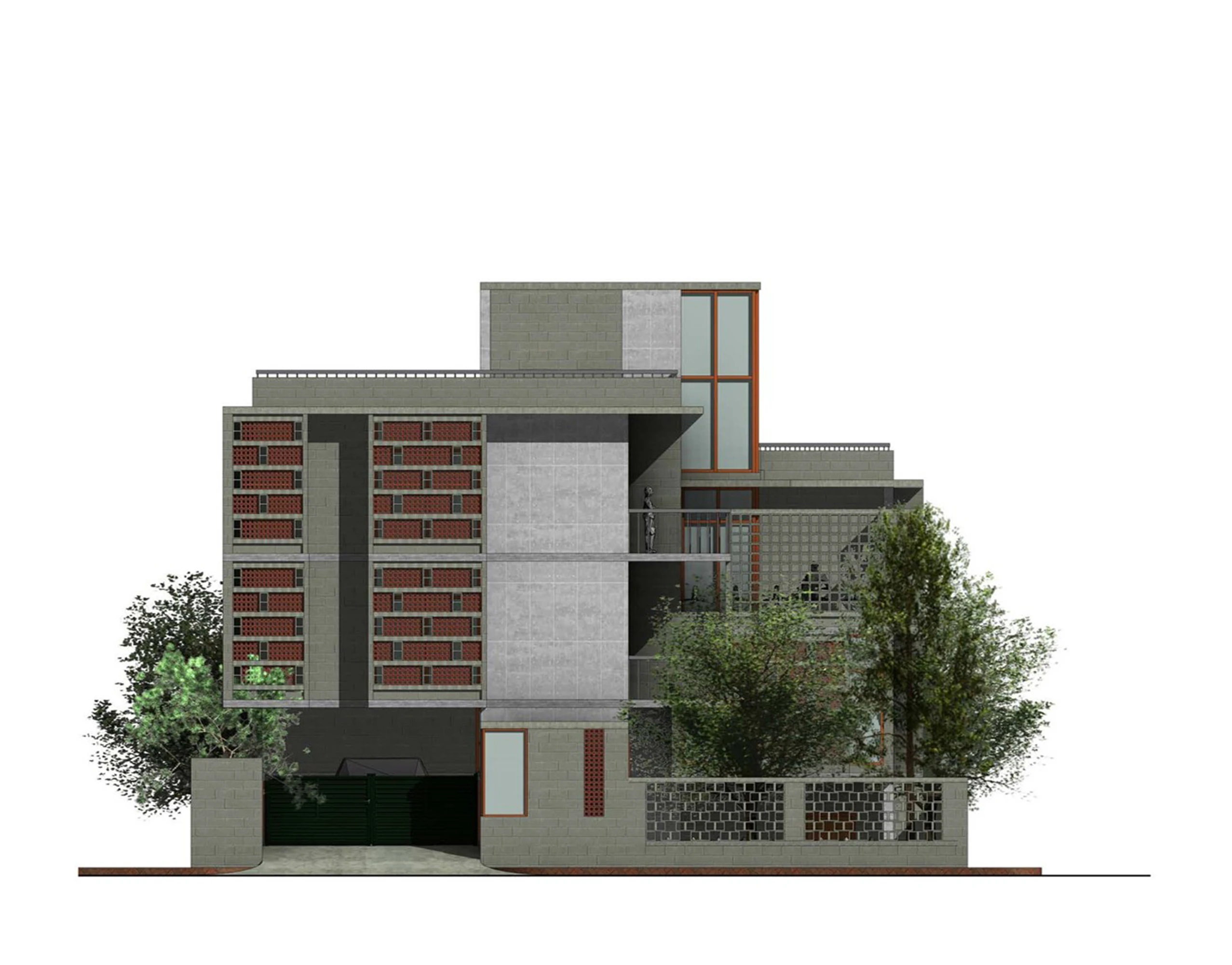 South elevation: street-facing facade showing gate, driveway opening, jali brick panels, orange frame rhythm, and the stepped upper levels with rooftop pavilion