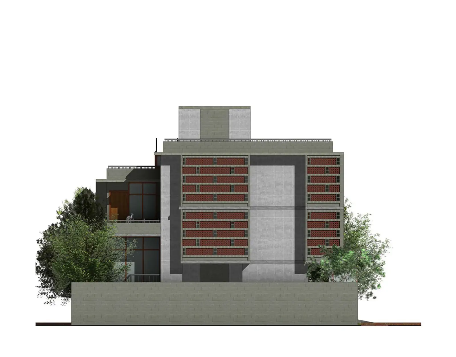 West elevation: secondary street facade showing the jali screen composition and stepped massing from a different angle