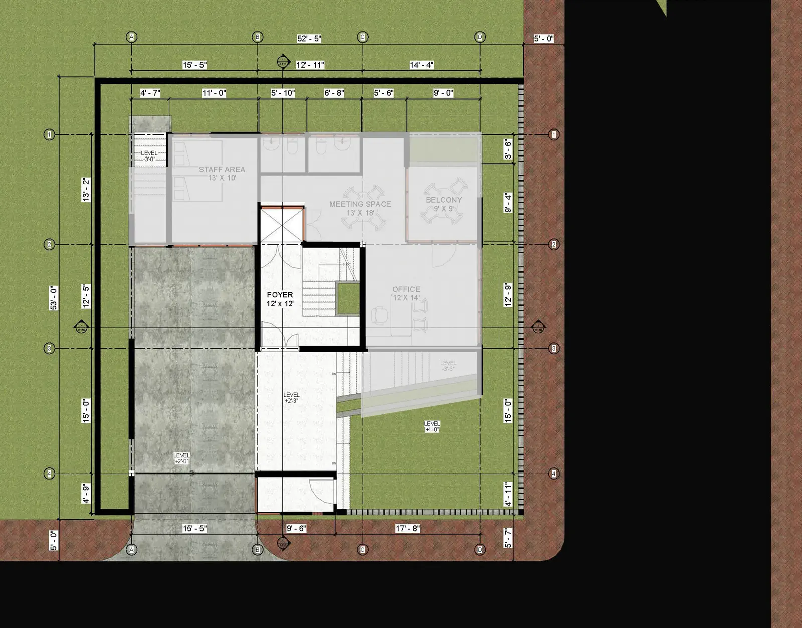 Ground floor layout: foyer 12×12, office, meeting space, staff area, driveway entry, and stair core