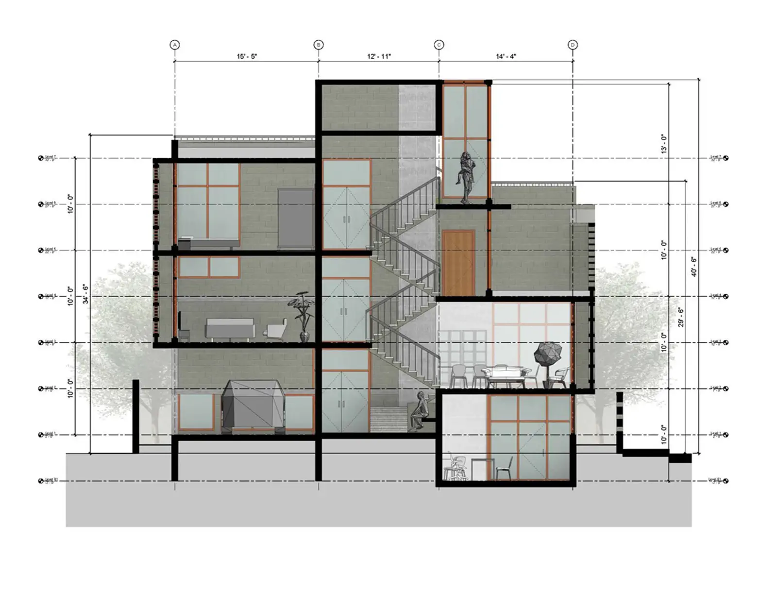 Section 110: longitudinal cut through the stair core showing all seven levels from semi-basement to roof, floor-to-floor heights, and the jali screen at the stair hall