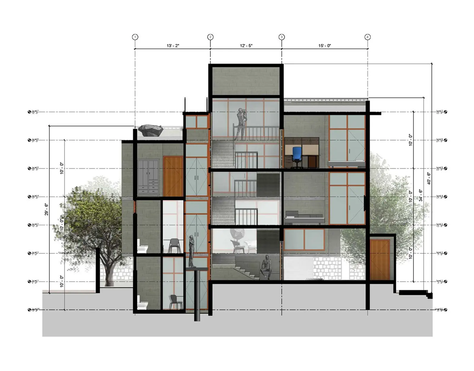 Section 111: cross-section through the living spaces showing the relationship between the planted court and the interior rooms across the depth of the plan