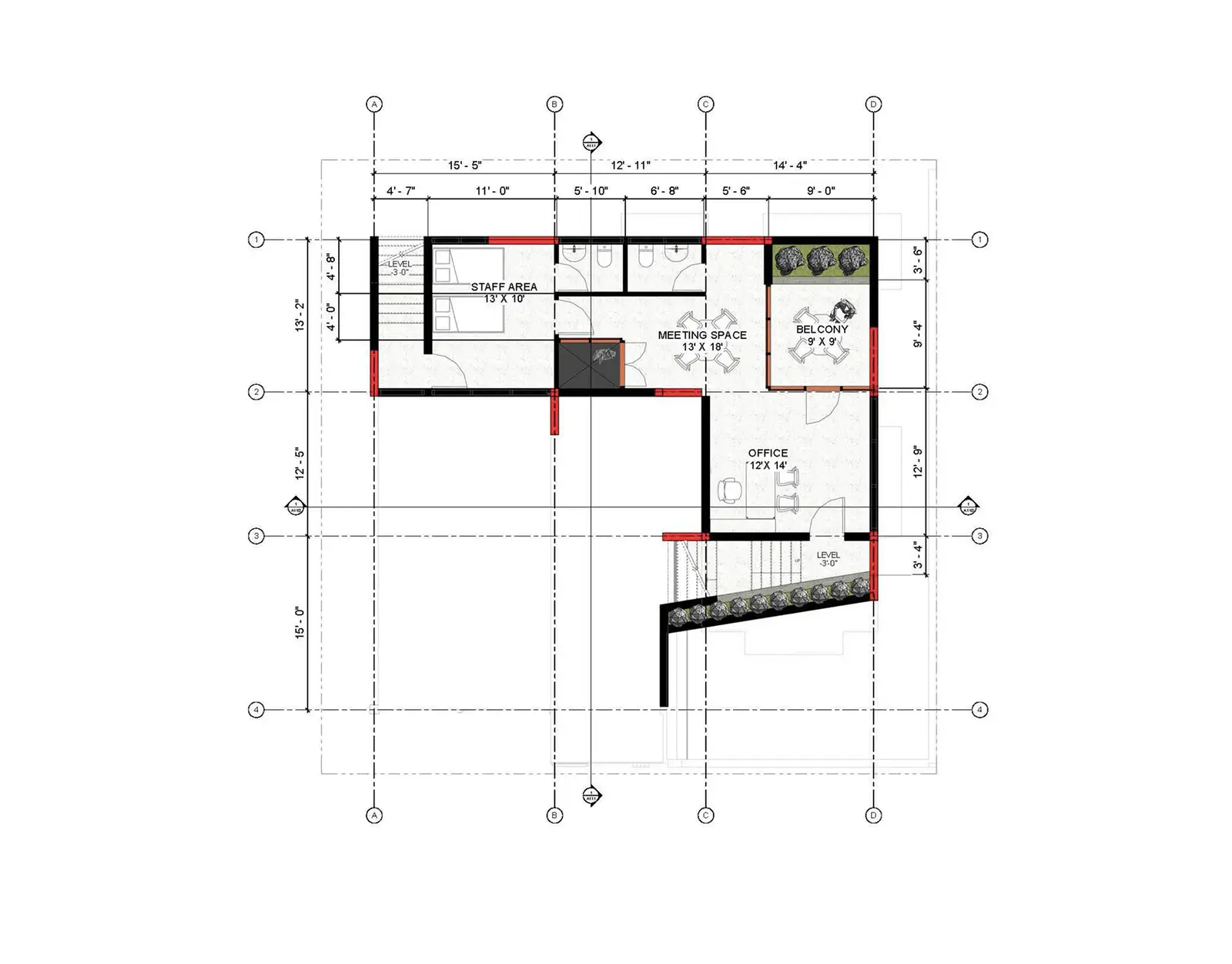 Semi-basement layout: staff area 13×10, meeting space 13×18, office 12×14, balcony 9×9, car parking bays, and stair core