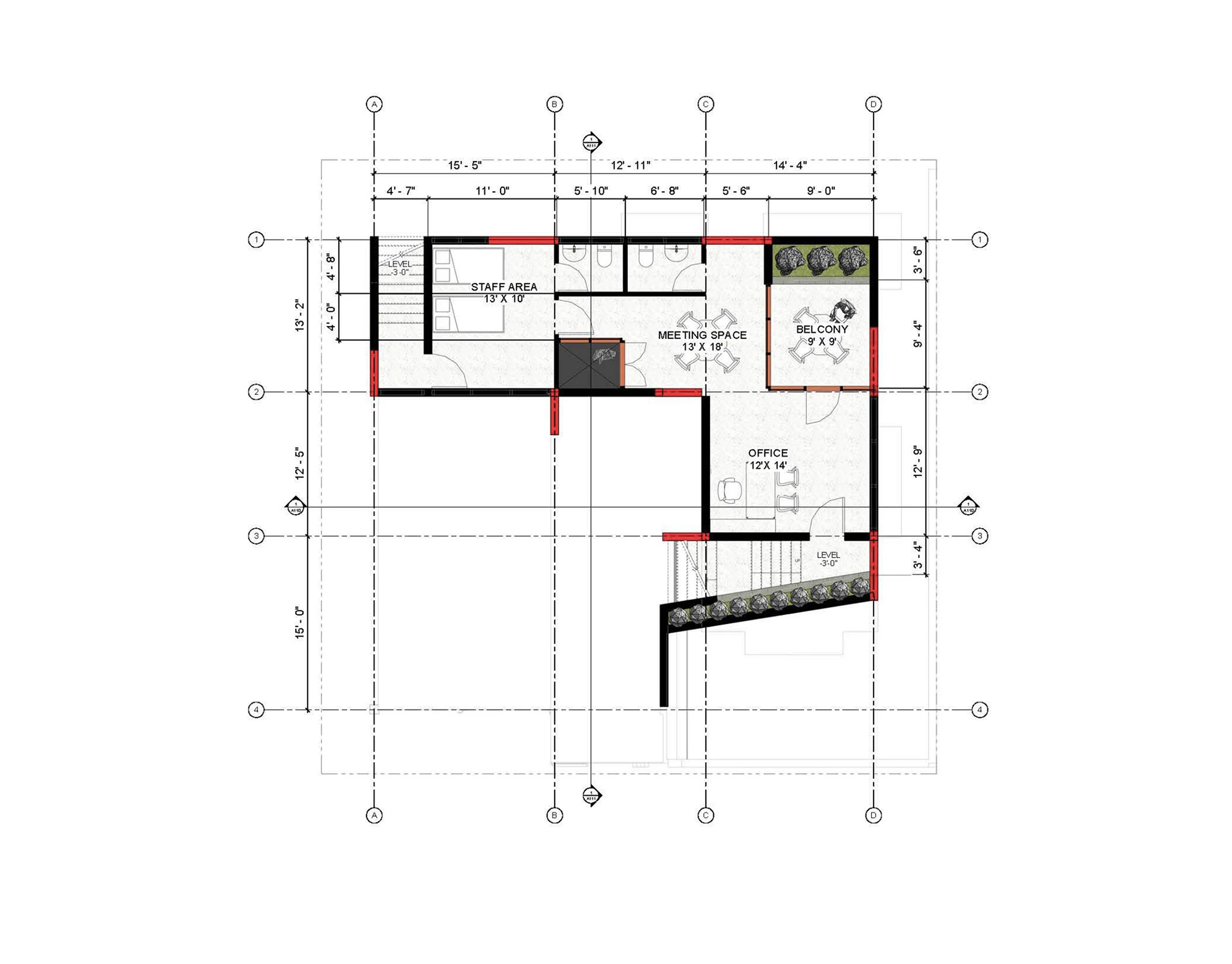 Semi-basement layout: staff area 13×10, meeting space 13×18, office 12×14, balcony 9×9, car parking bays, and stair core