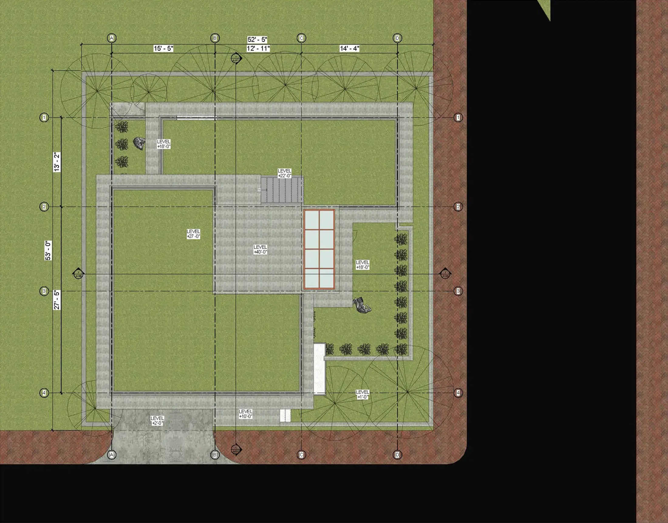 Site layout: plot boundary, building footprint, driveway, gate, and surrounding street edges in Bashundhara