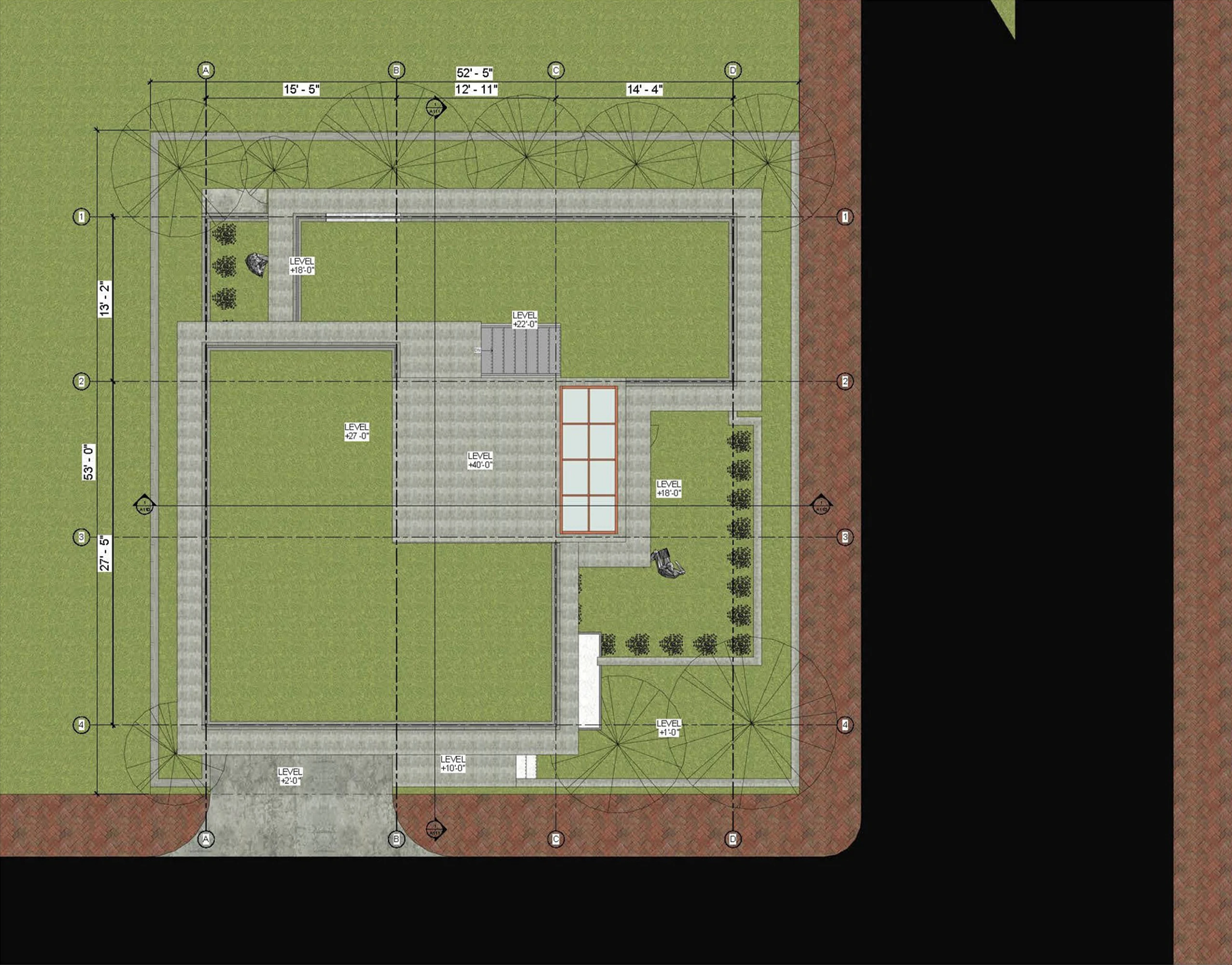 Site layout: plot boundary, building footprint, driveway, gate, and surrounding street edges in Bashundhara