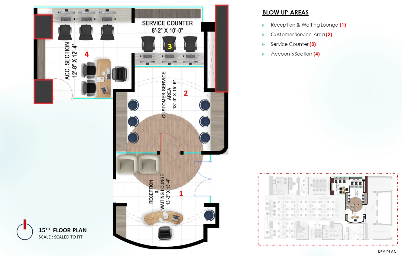 Blow-up: reception, service counter, accounts