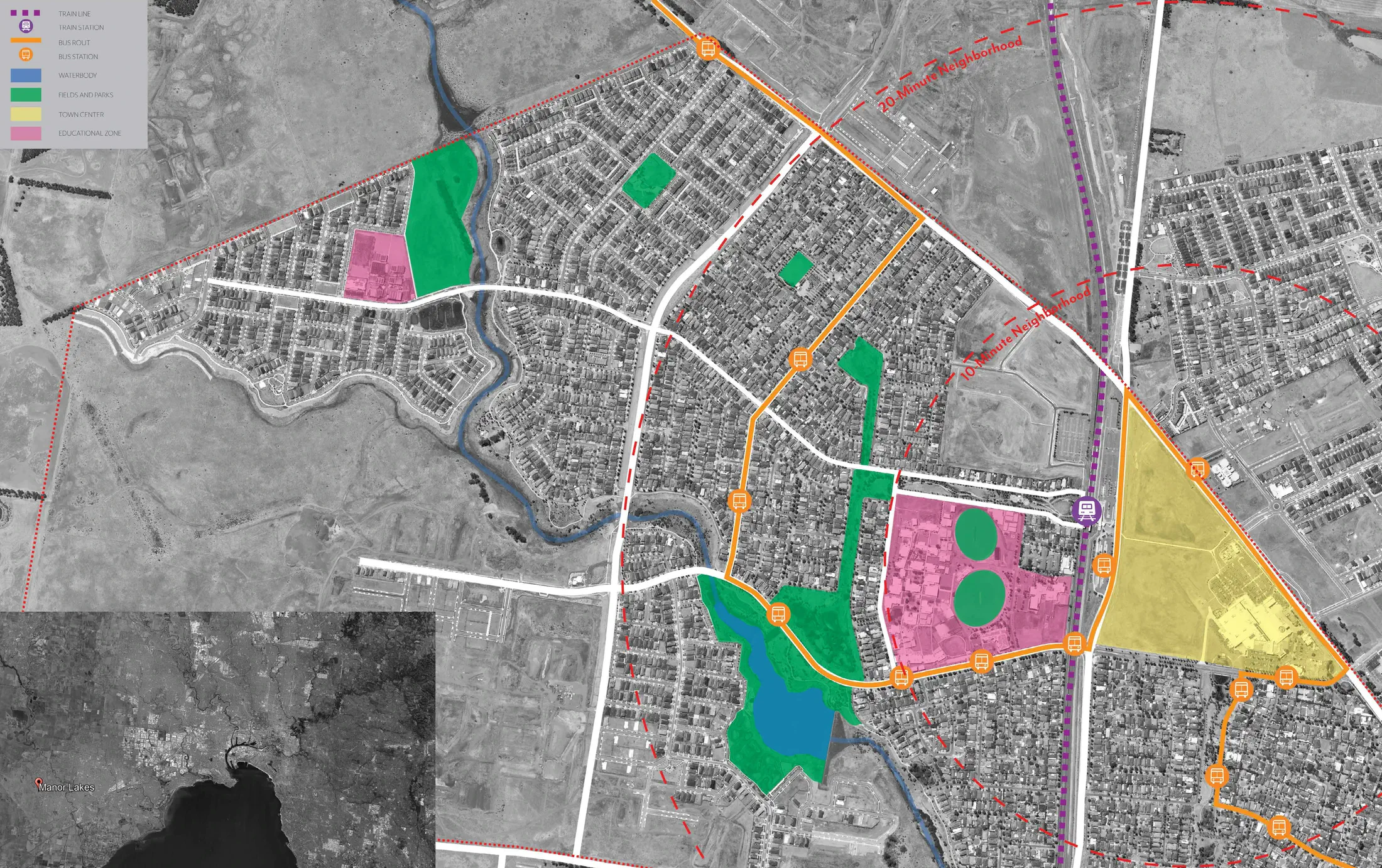 Manor Lakes GIS analysis: satellite overlay with transport routes, community zones, green spaces, and 20-minute neighbourhood boundary