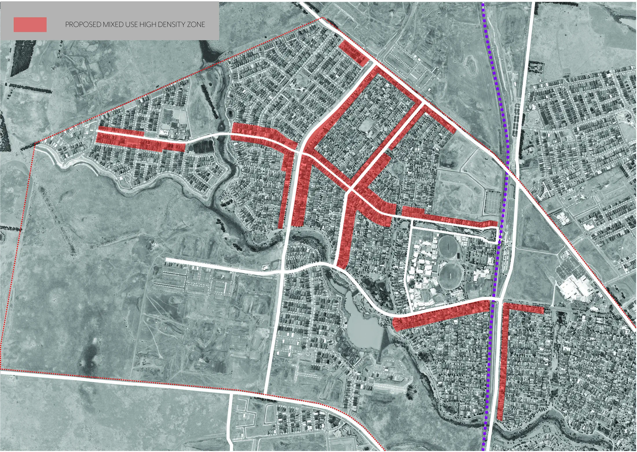 Proposed masterplan: mixed-use high density zones distributed along key corridors