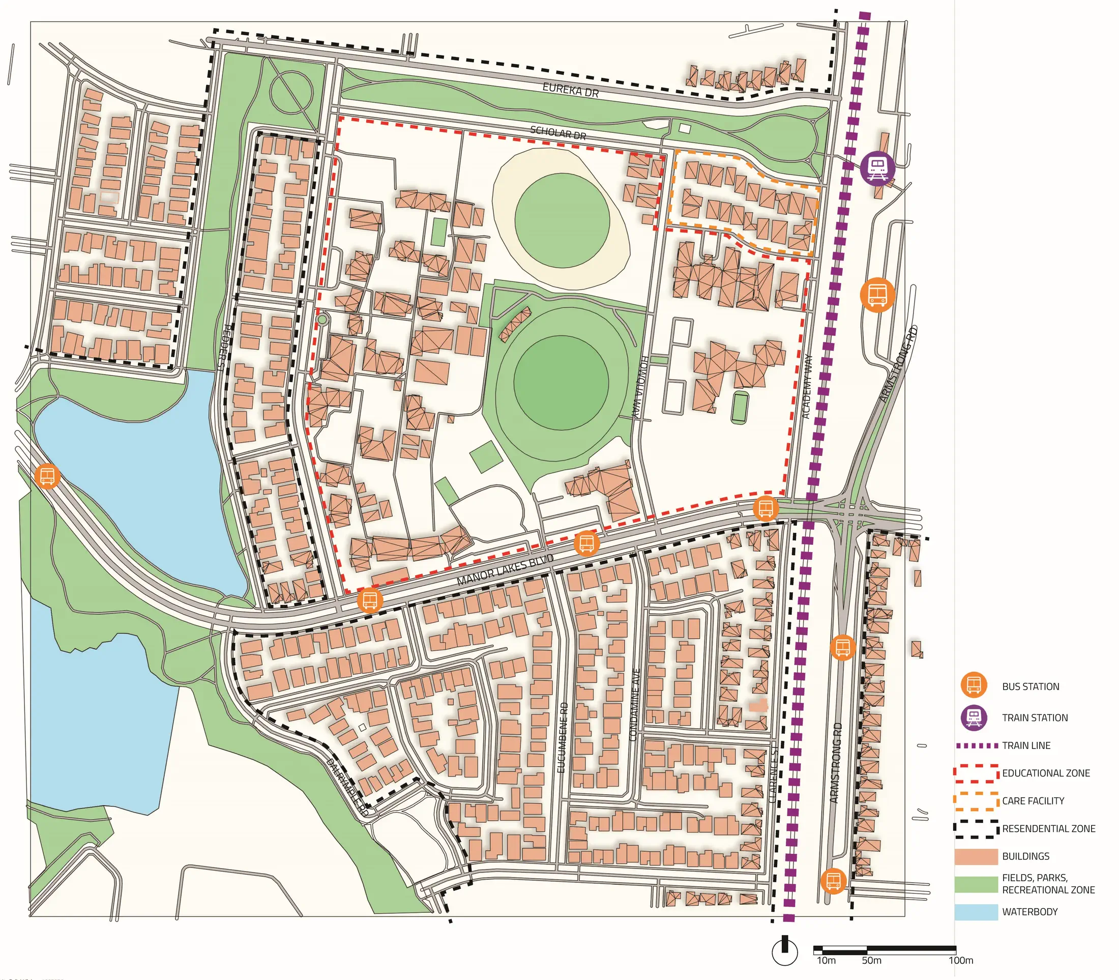 Manor Lakes annotated site map: bus routes, train station, educational zones, residential areas, and recreational land