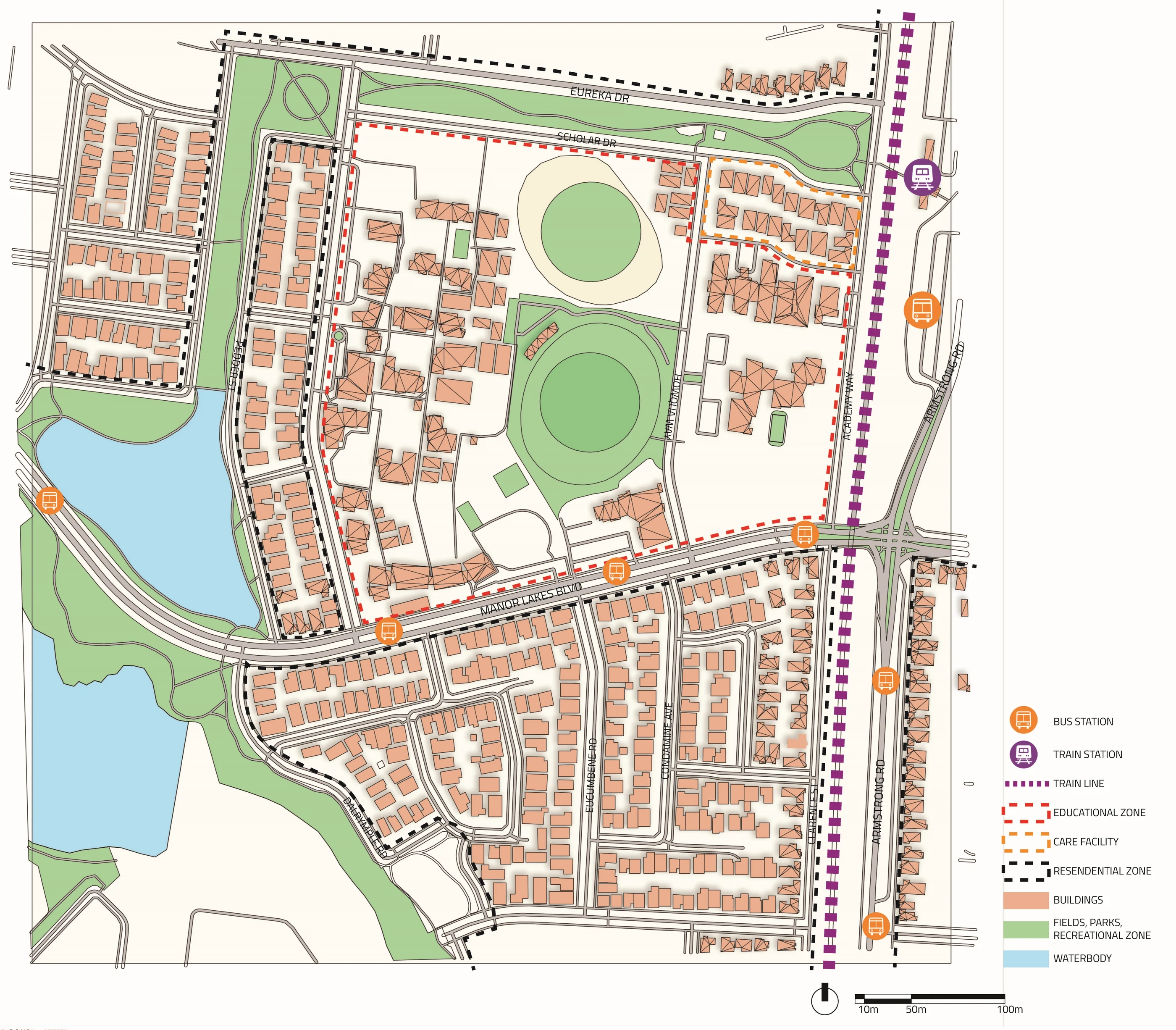 Manor Lakes annotated site map: bus routes, train station, educational zones, residential areas, and recreational land