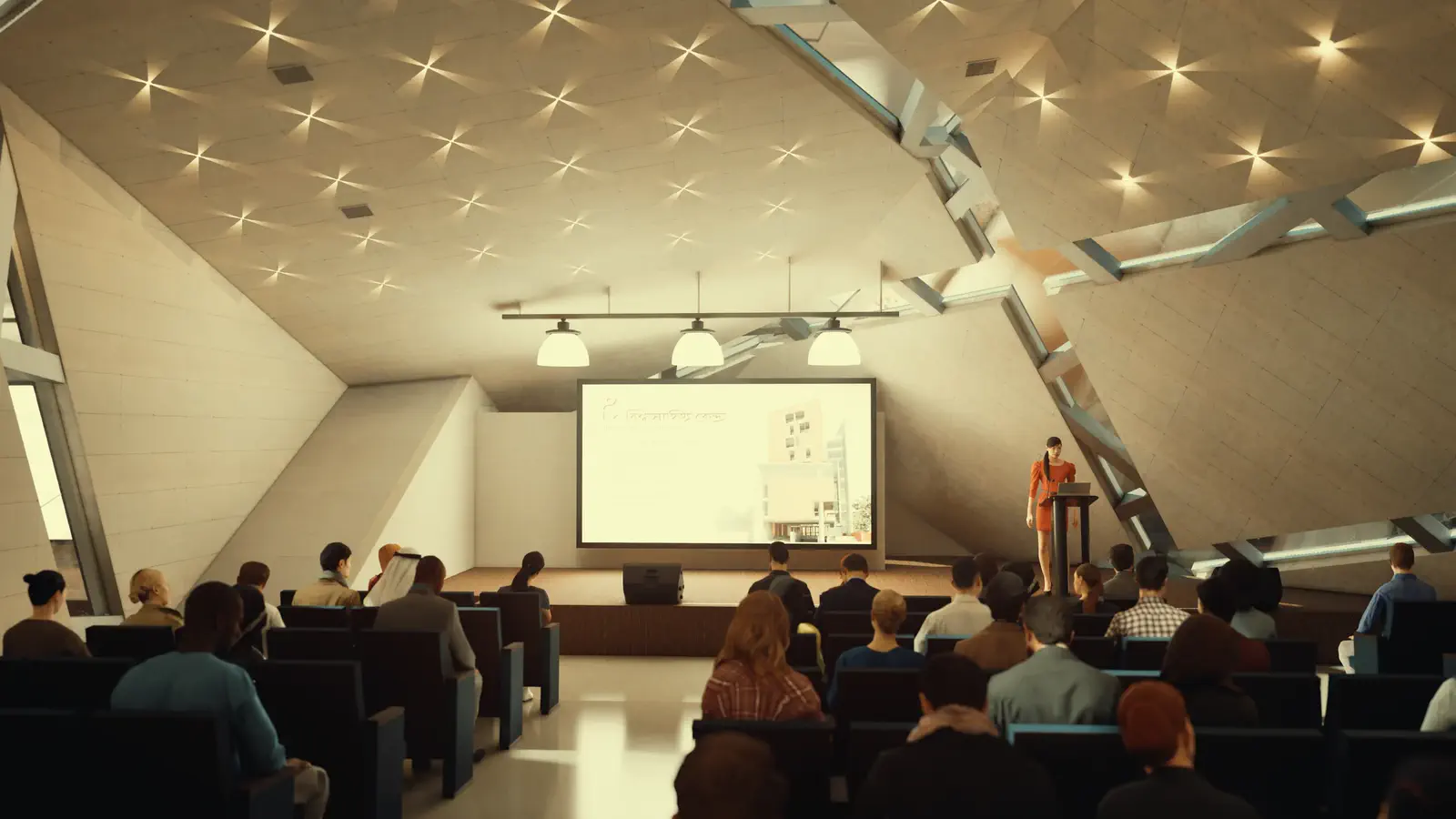 Auditorium: tiered seating facing the screen for readings, recitations and debate