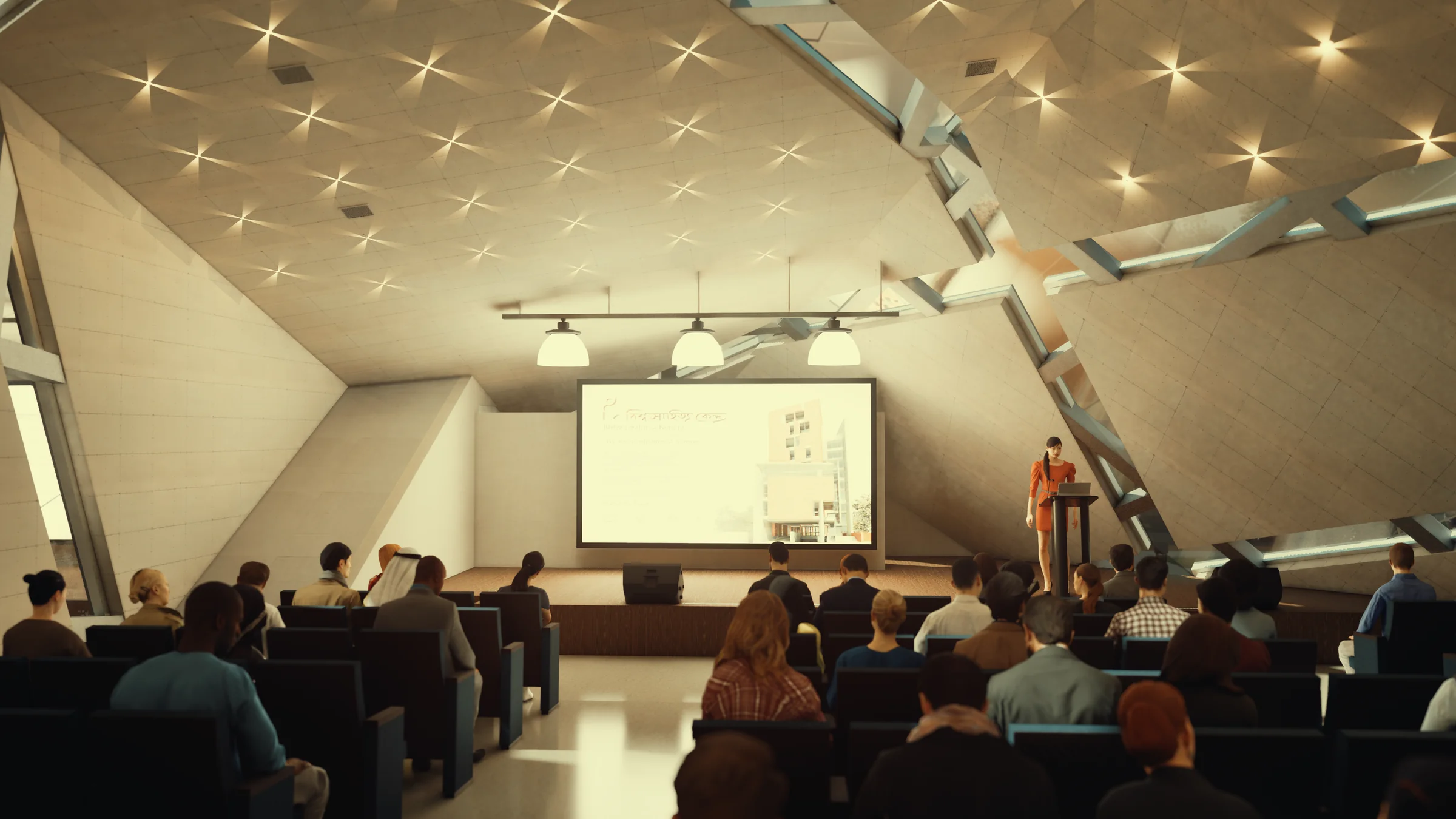 Auditorium: tiered seating facing the screen for readings, recitations and debate