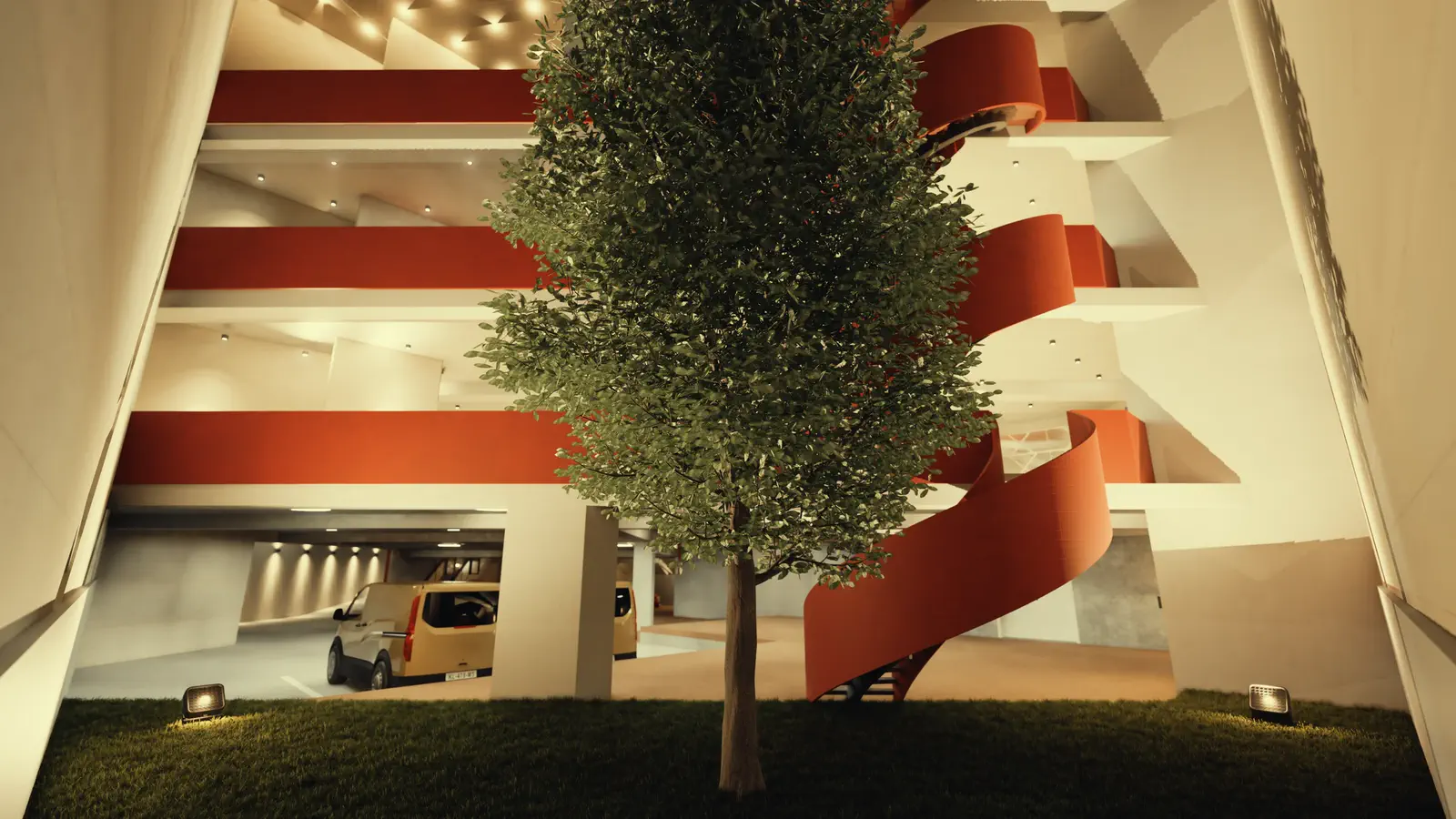 Basement garden at the foot of the circulation atrium: a tree in a sunken court beneath terracotta ramps and a skylit shell
