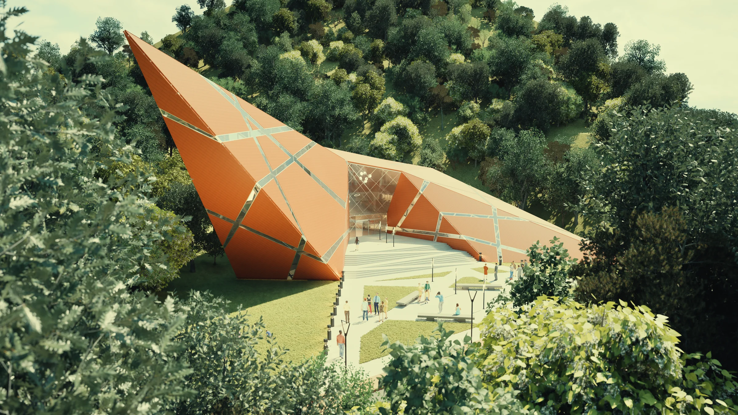 Bird's-eye view from the south by day: the faceted terracotta vessel seated into the green Sylhet hillside