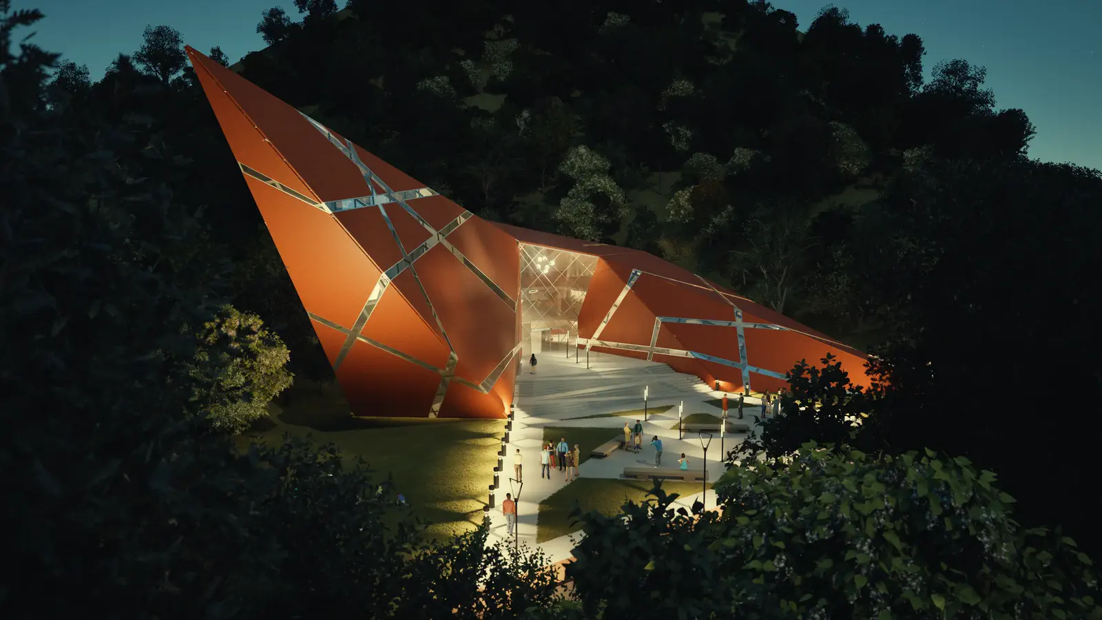 Bird's-eye view from the south at night: the vessel lit from within above a reflecting forecourt