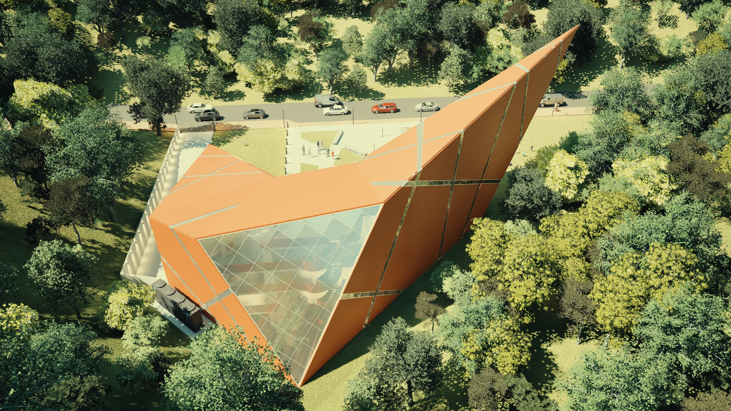 Bird's-eye view from the north: the folded plate roof reading as a hull in the landscape