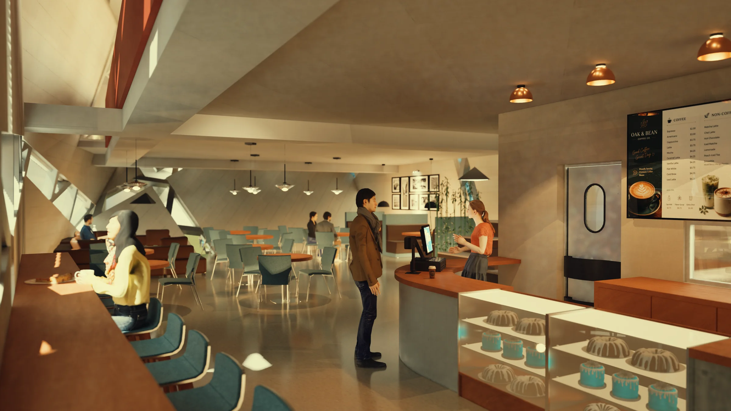 Cafe: informal seating and counter within the warm faceted interior