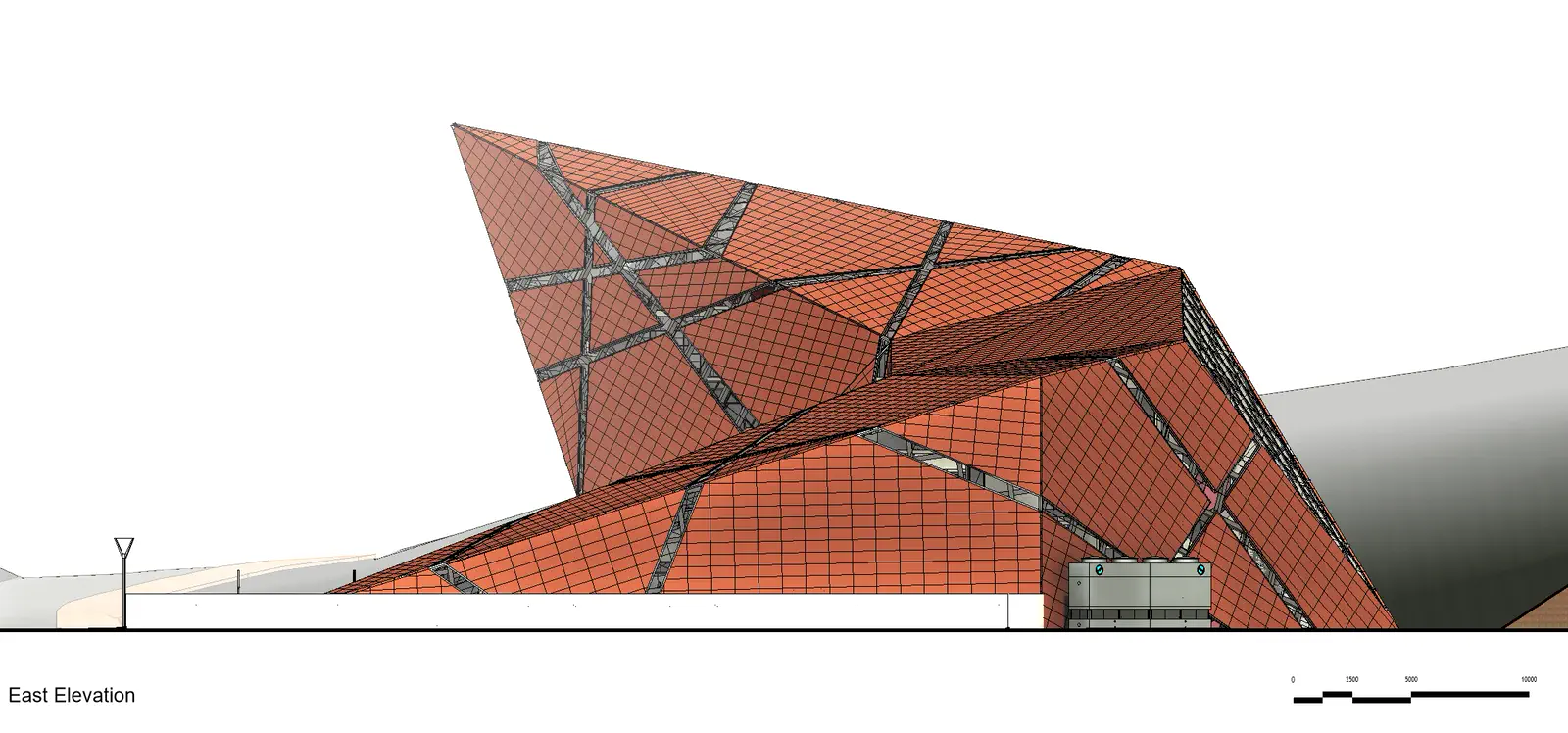 Architectural elevation: the terracotta faceted flank against the hillside