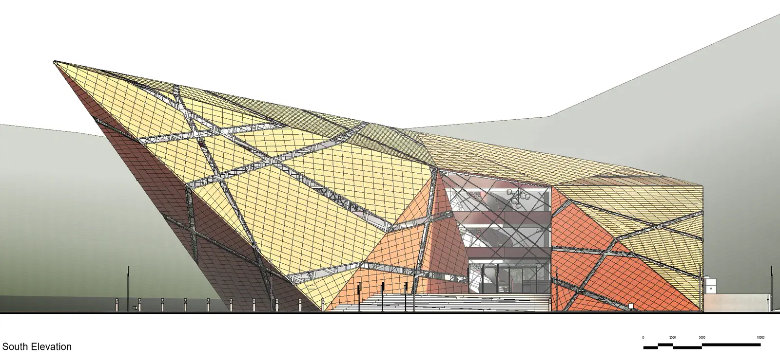 Architectural elevation: rear approach and entry