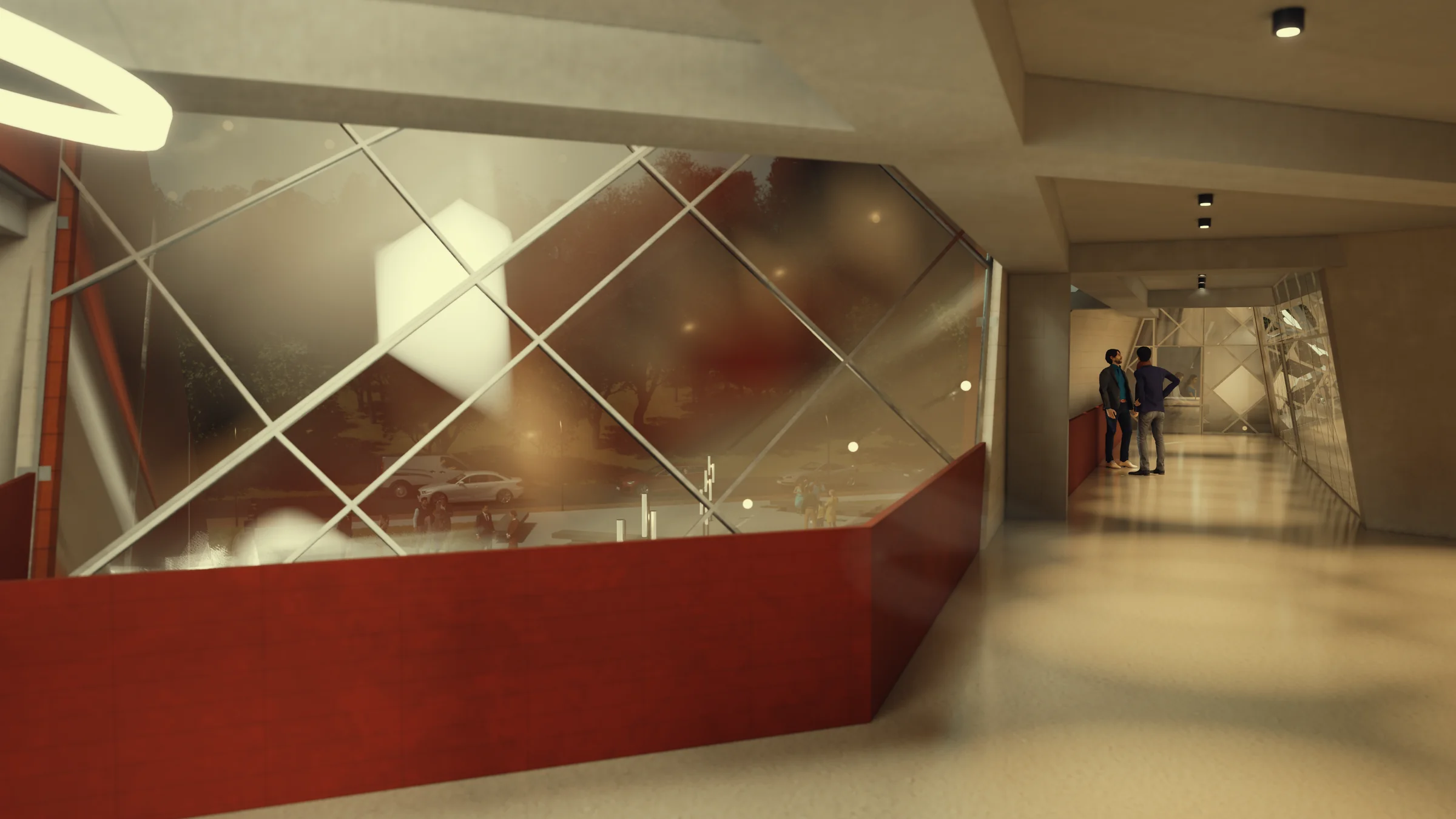 Level 2 corridor leading to the classroom and lecture room, angular glazing between the plates