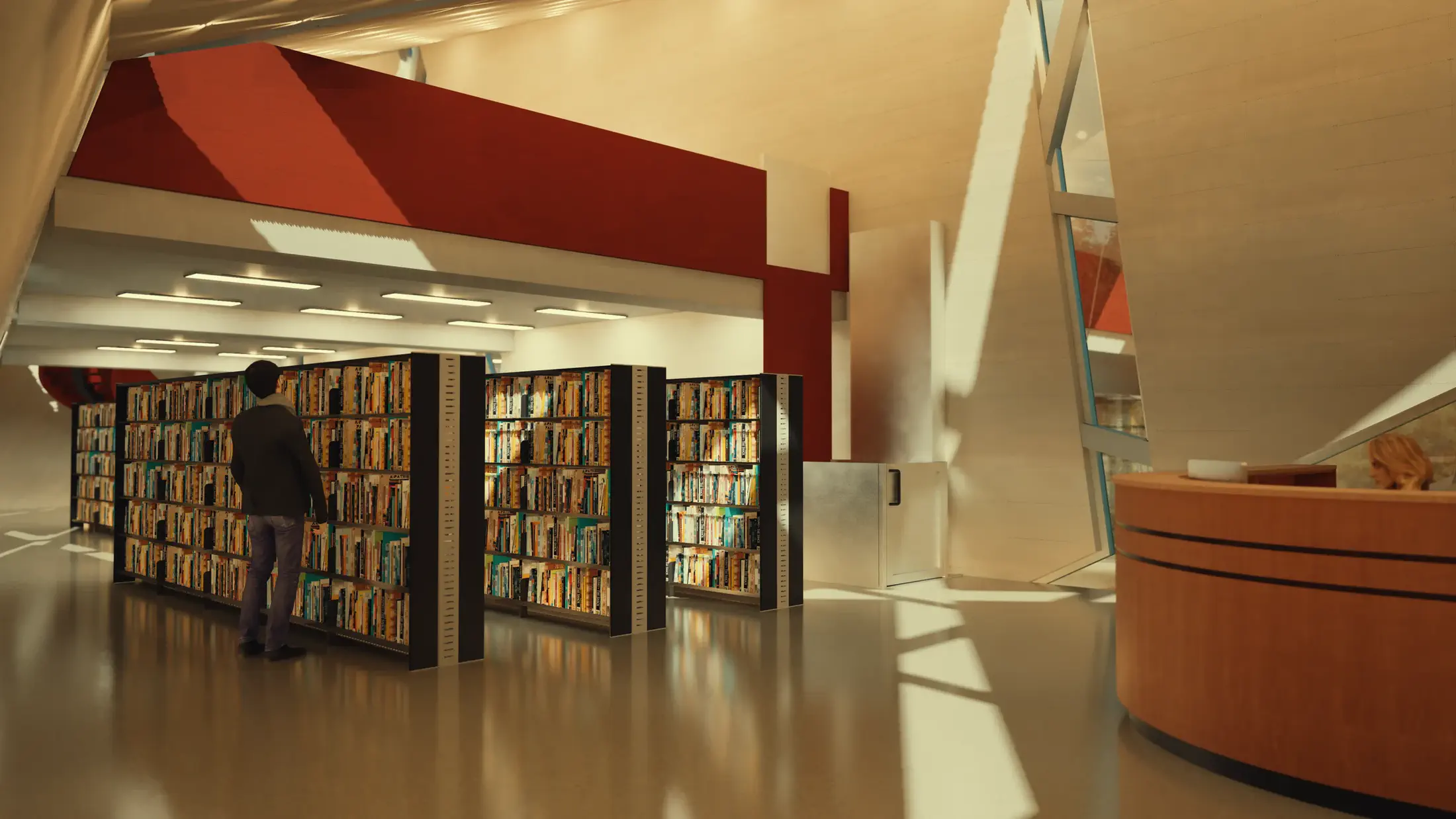 Library: open stacks and reading area beneath the warm faceted ceiling