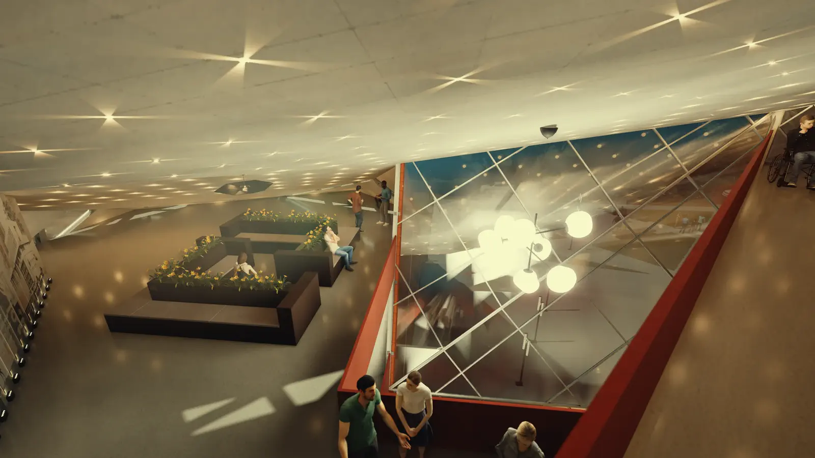 Lounge on level 3, seen from level 4 across the folded volume