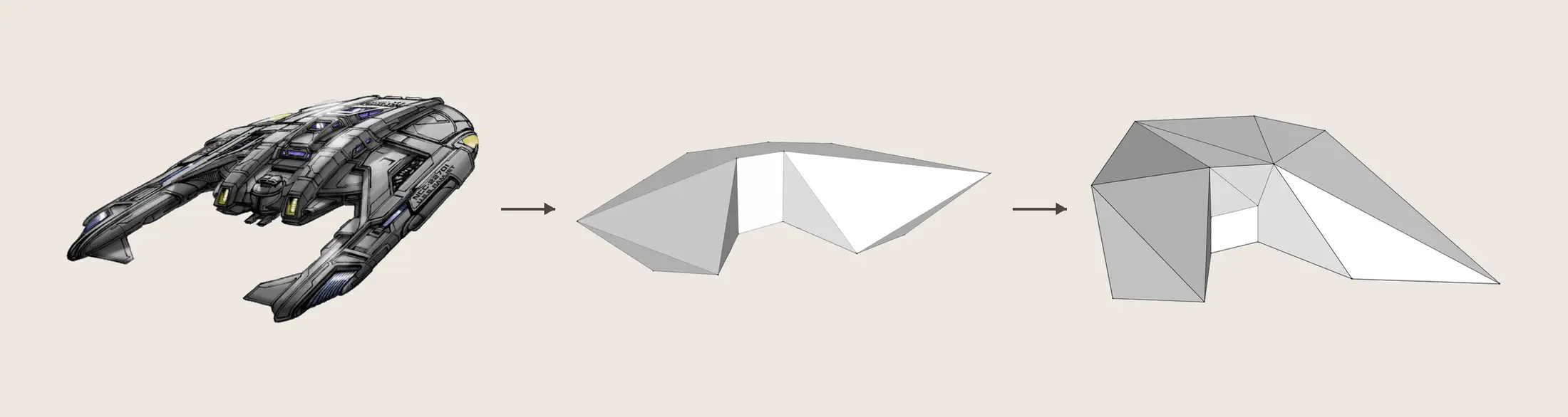 Parti diagram: a starship hull abstracted into a folded plate geometry, then resolved into the building's faceted shell