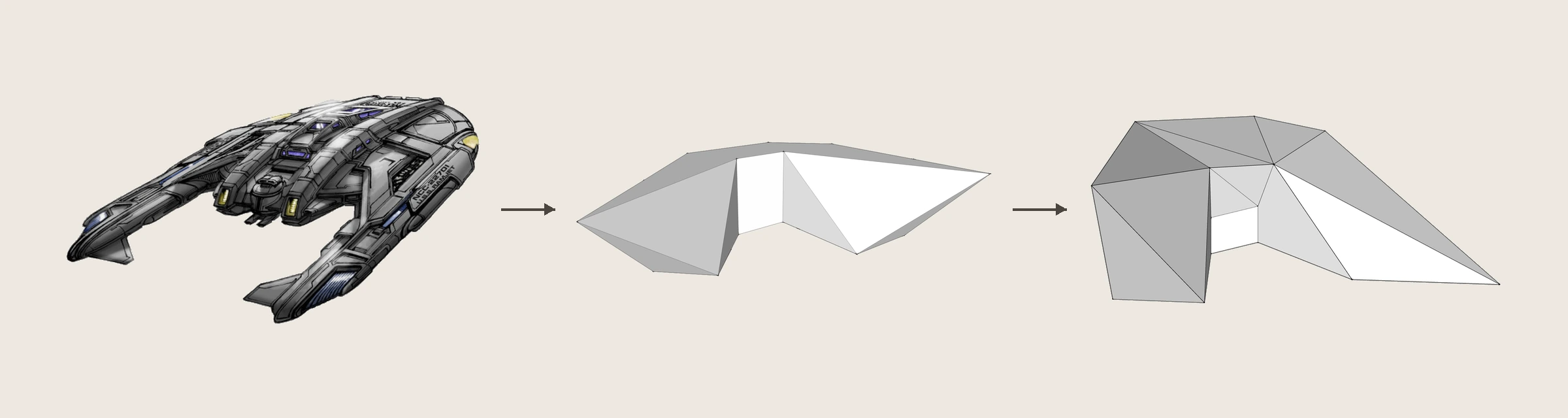 Parti diagram: a starship hull abstracted into a folded plate geometry, then resolved into the building's faceted shell