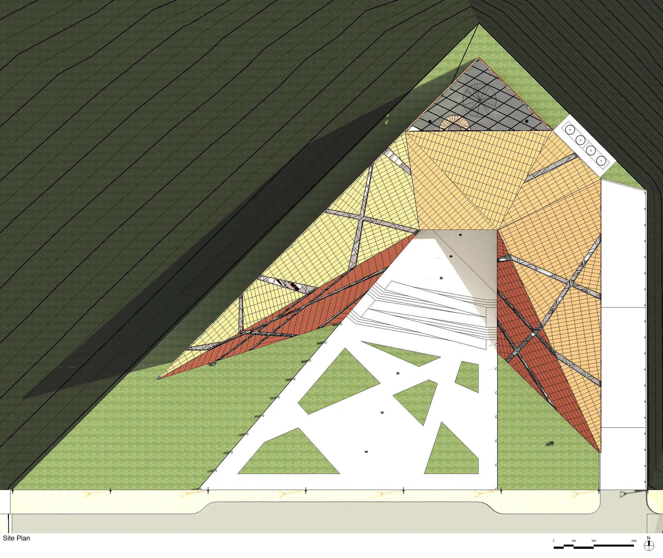 Site and roof plan: the faceted vessel footprint set into the landscape
