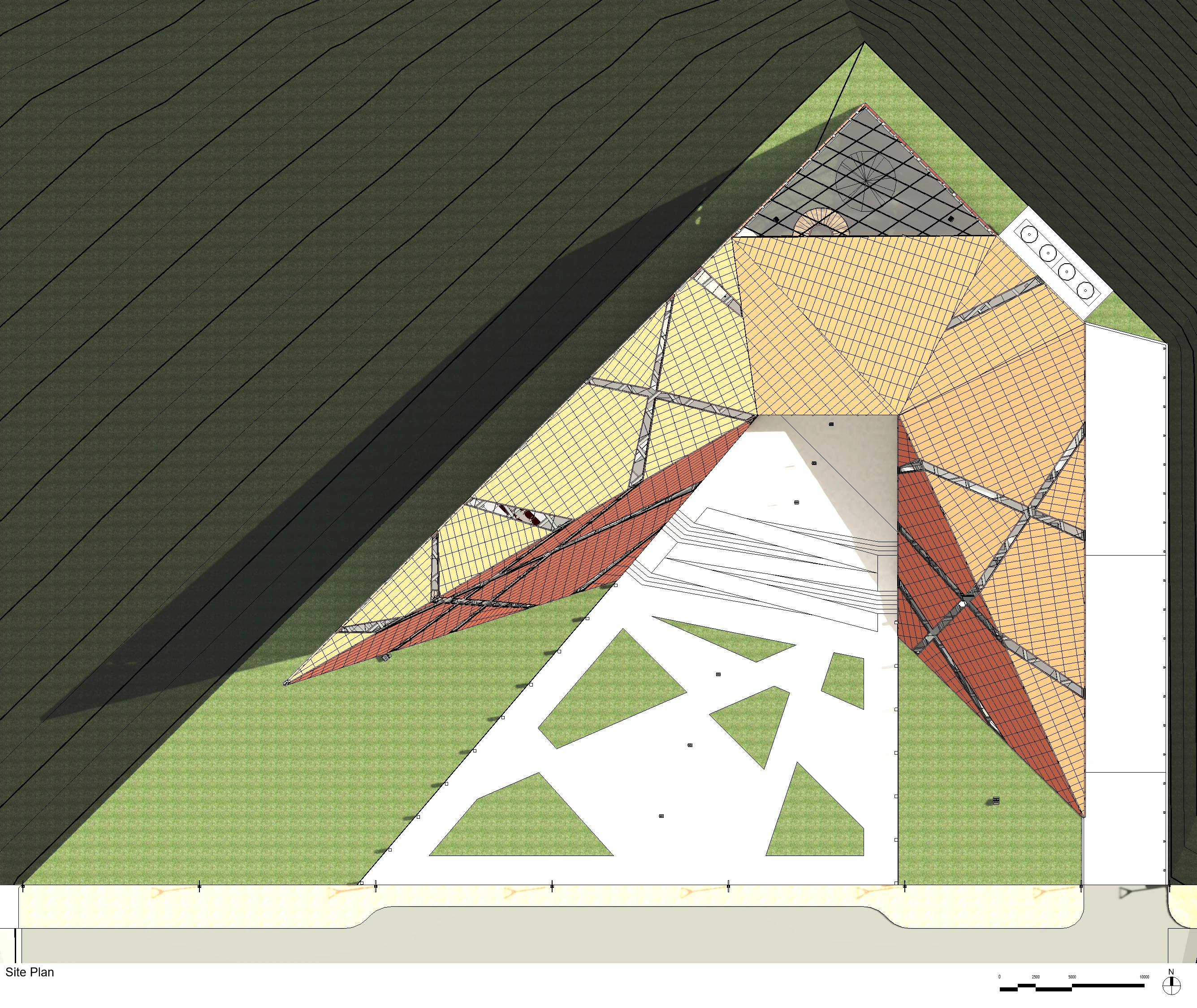 Site and roof plan: the faceted vessel footprint set into the landscape