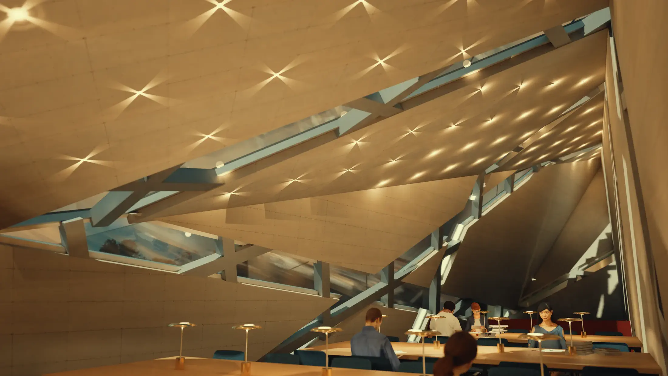 Reading hall: the main hall beneath the folded faceted shell, angular skylights raking warm daylight across the desks