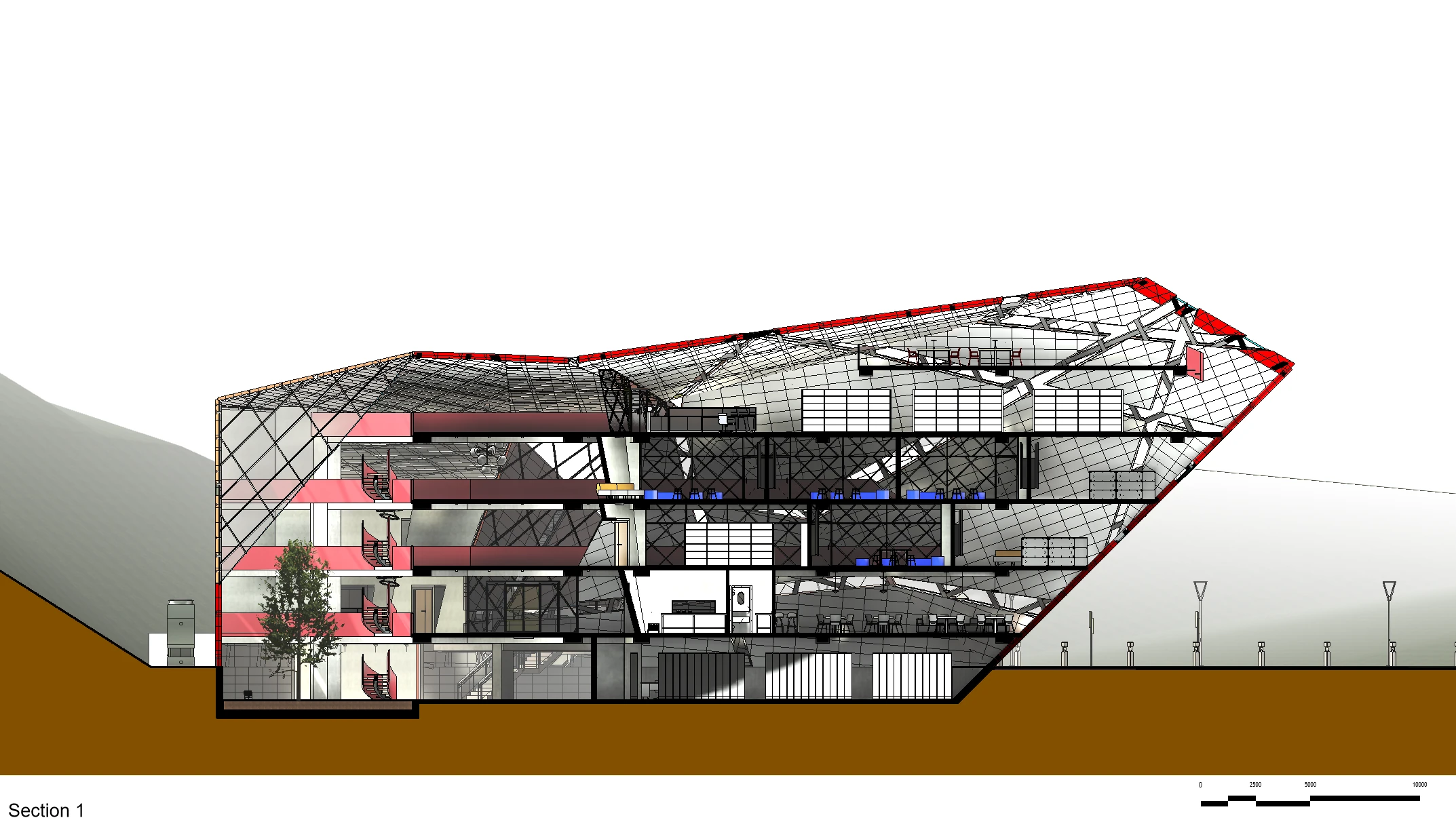 Architectural section through the folded shell and reading hall
