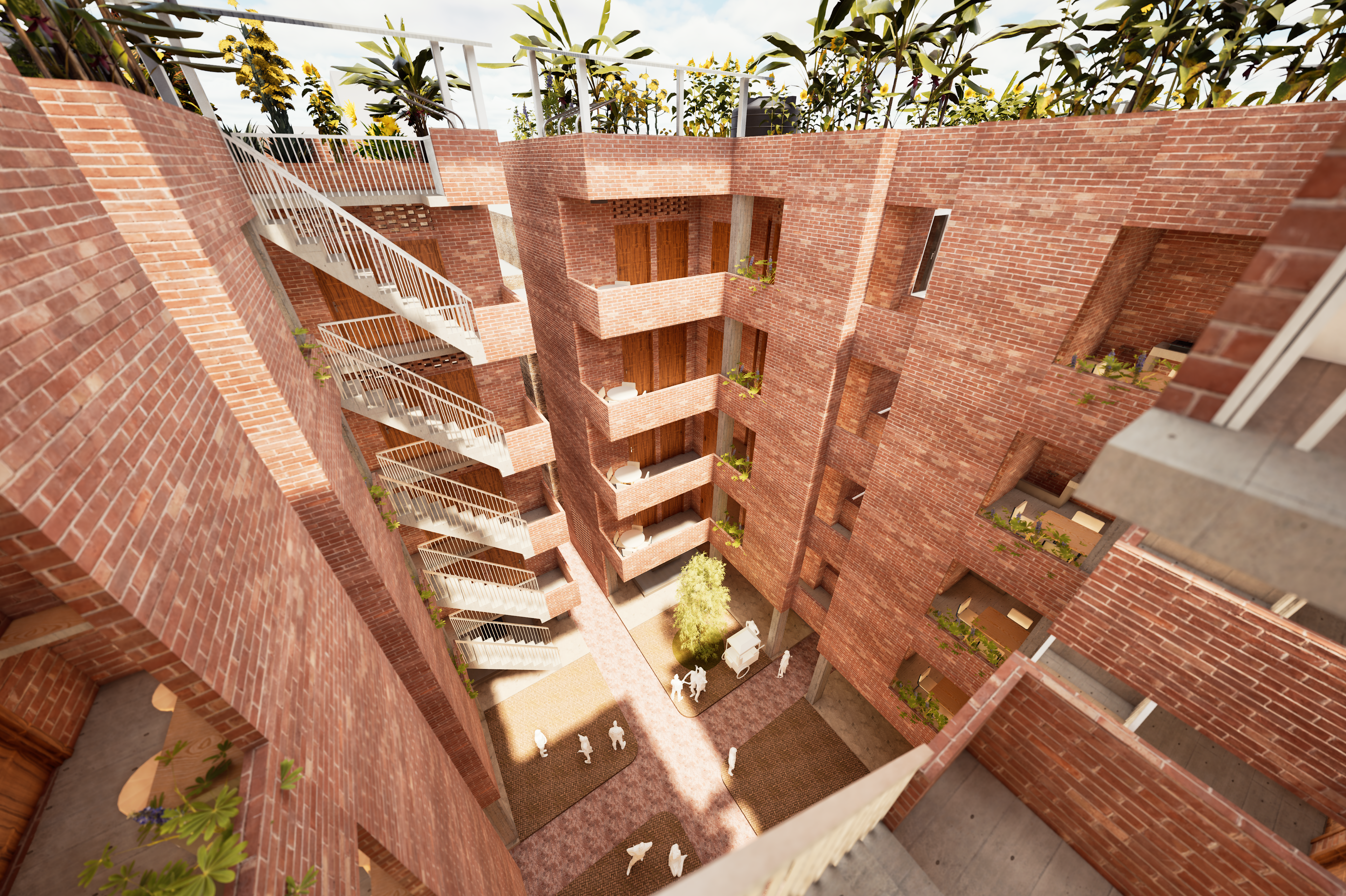 Proposed — aerial view, courtyards and balconies