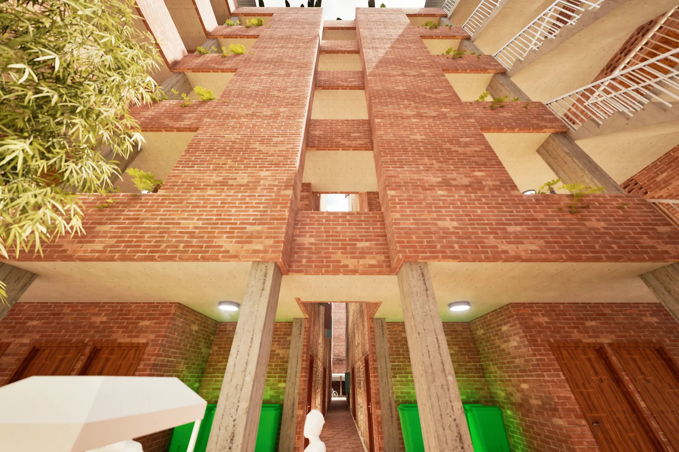 Proposed: courtyard looking up, staircase and planted walls